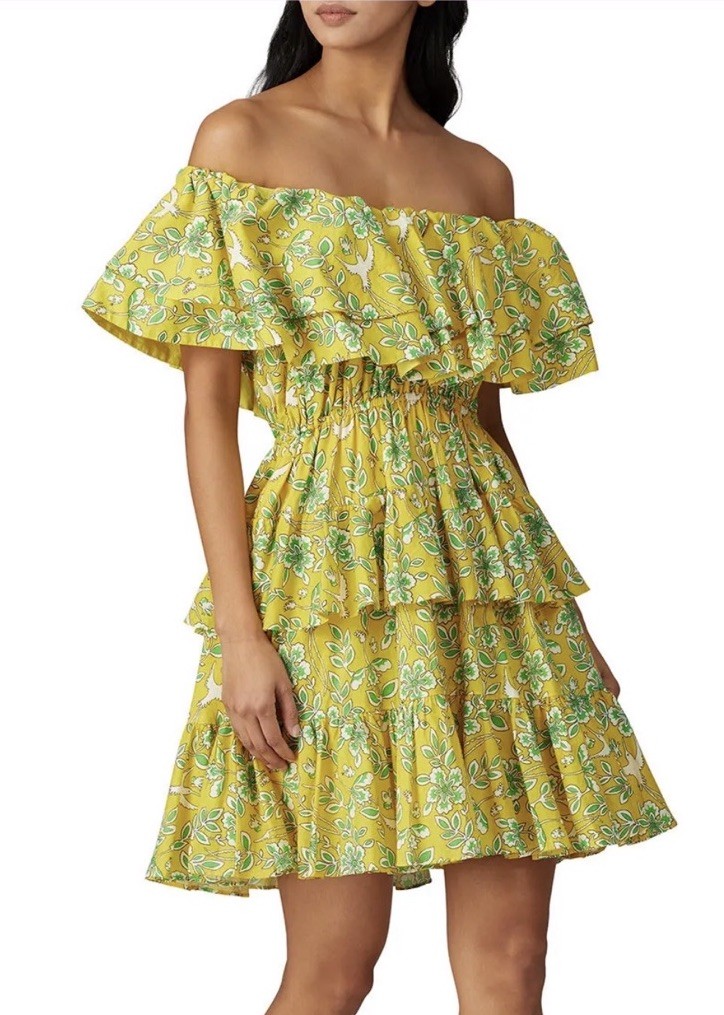 Rhode Dotty Off-The-Shoulder Yellow Eden Floral-Print Cotton Mini Dress Small