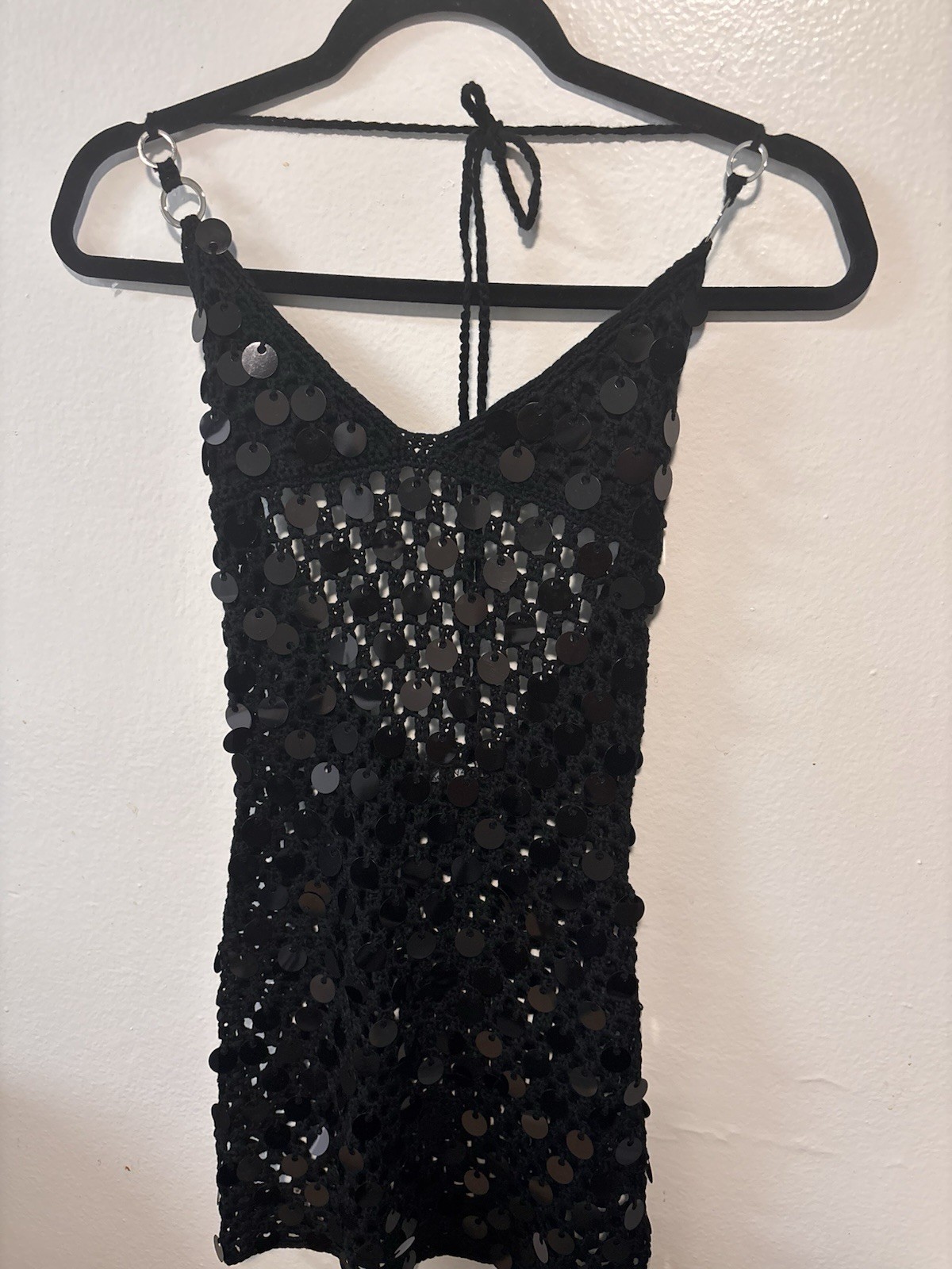 Freya Mini Dress Black Sequin Mesh Halter Bodycon Women’s NWT Size S