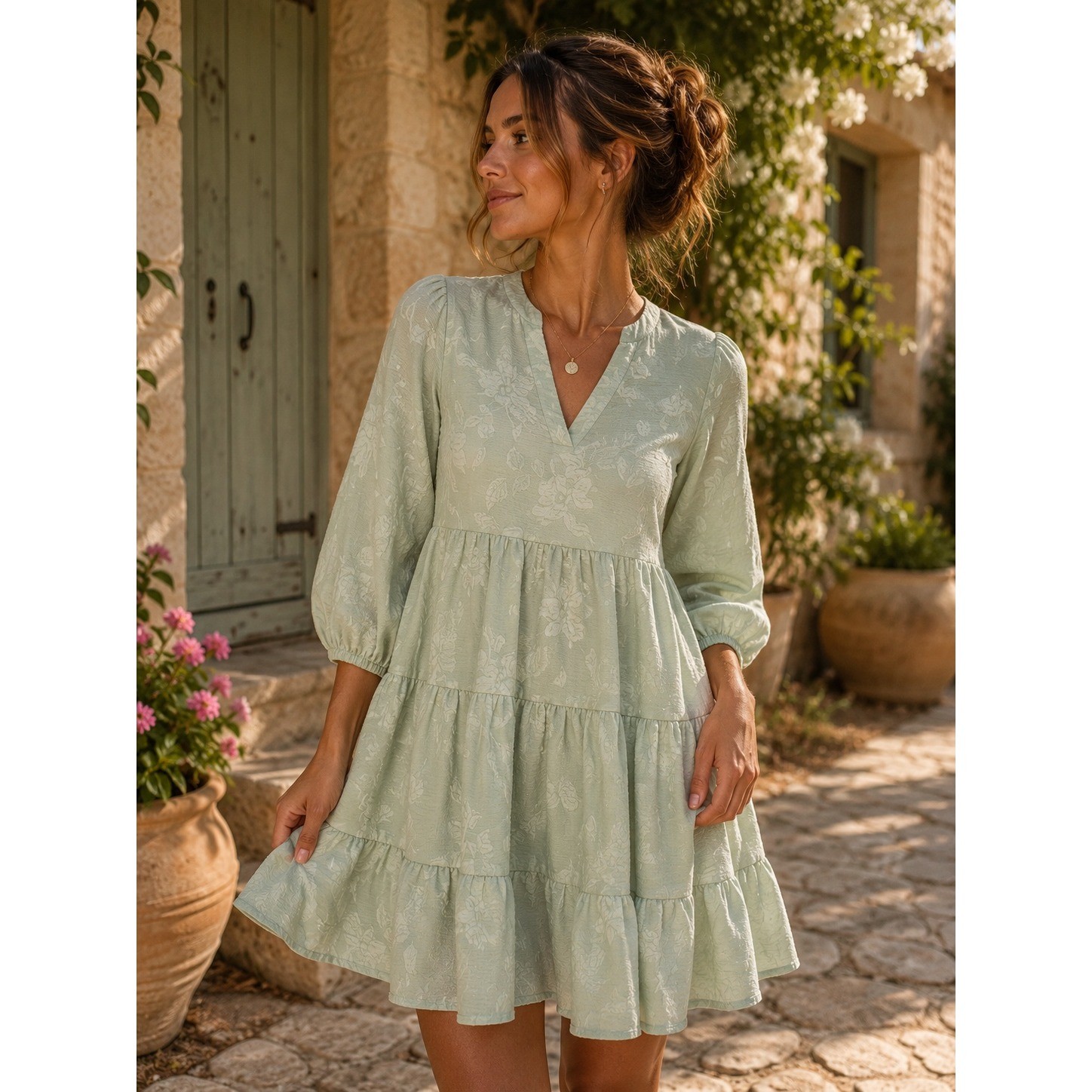 Joie Dress Womens Medium Green Floral Jacquard Boho Cottagecore