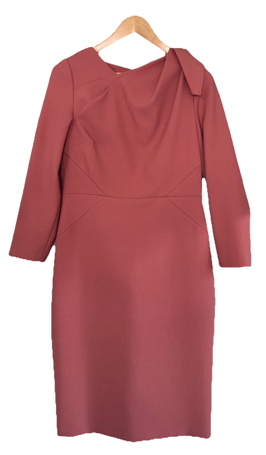 The Fold Melrose Dress Pink Wool Sheath UK 14 US 10 Asymmetric Neck Work Office
