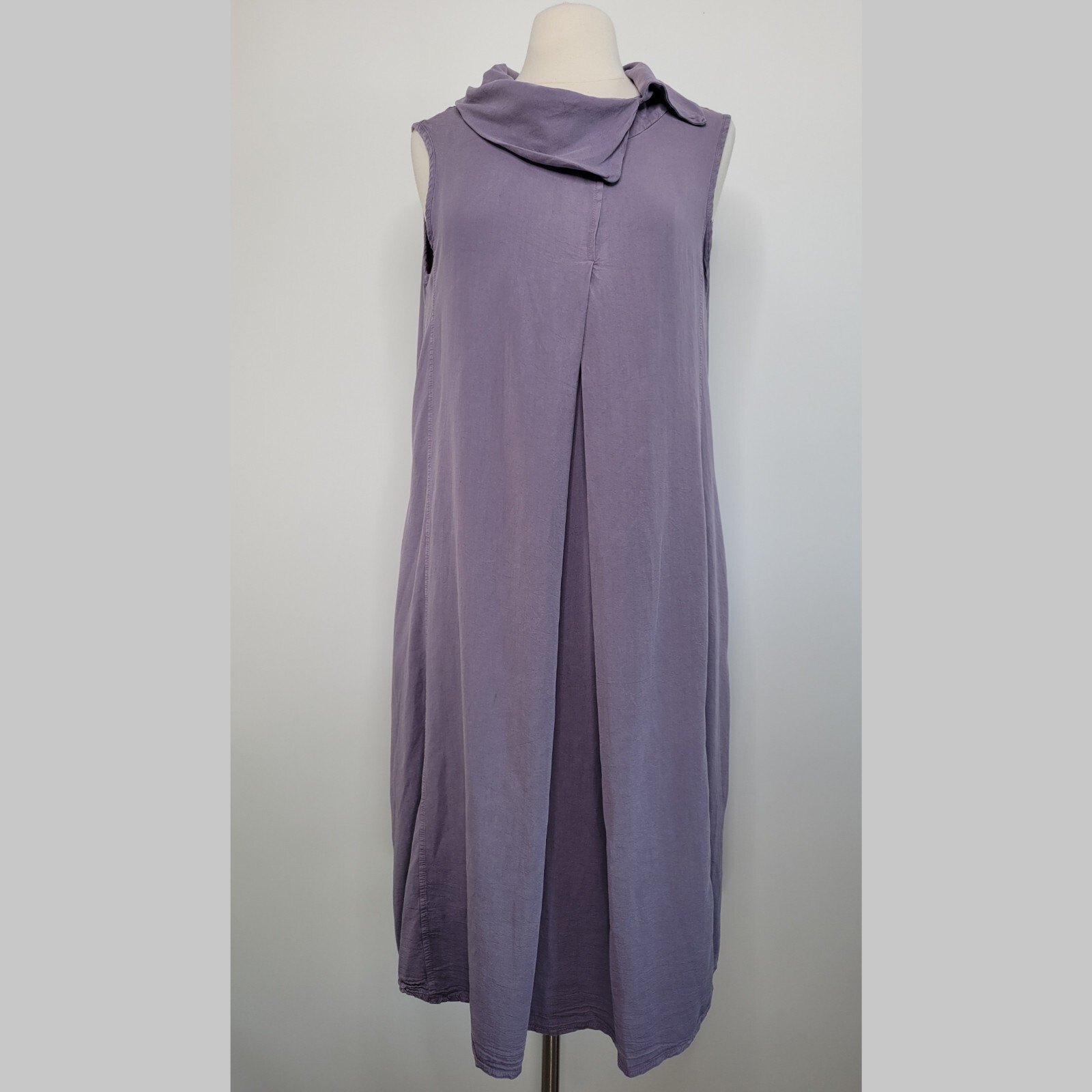 LUUKAA Dusty Purple Midi Shift Dress Size 12 Sleeveless Cowl Pockets Lagenlook