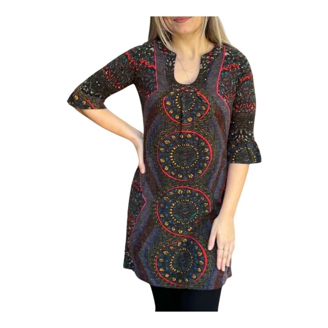24seven Comfort Apparel Tunic Dress Womens XL Medallion Boho Bell Sleeve Gypsy