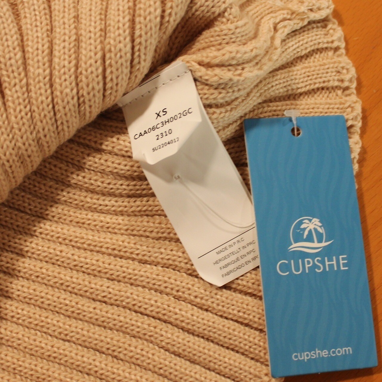 Cupshe Crochet Knit Mini Sweater Dress V-Neck Long Balloon Sleeve Tan XS NEW