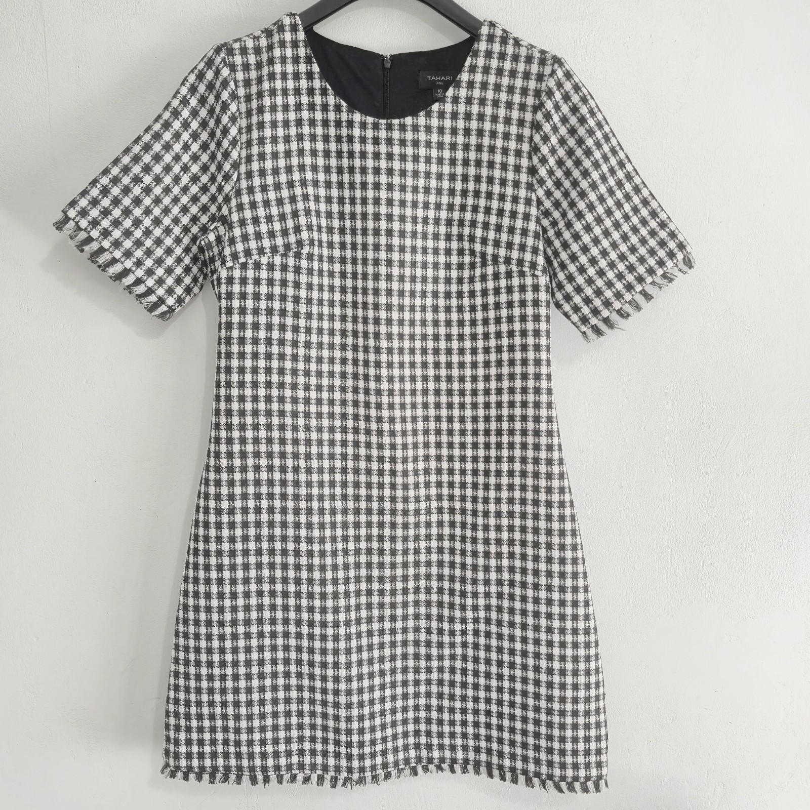 Tahari ASL Dress 10 Women Black White Gingham Plaid Fringe Tweed Shift Mini Shor