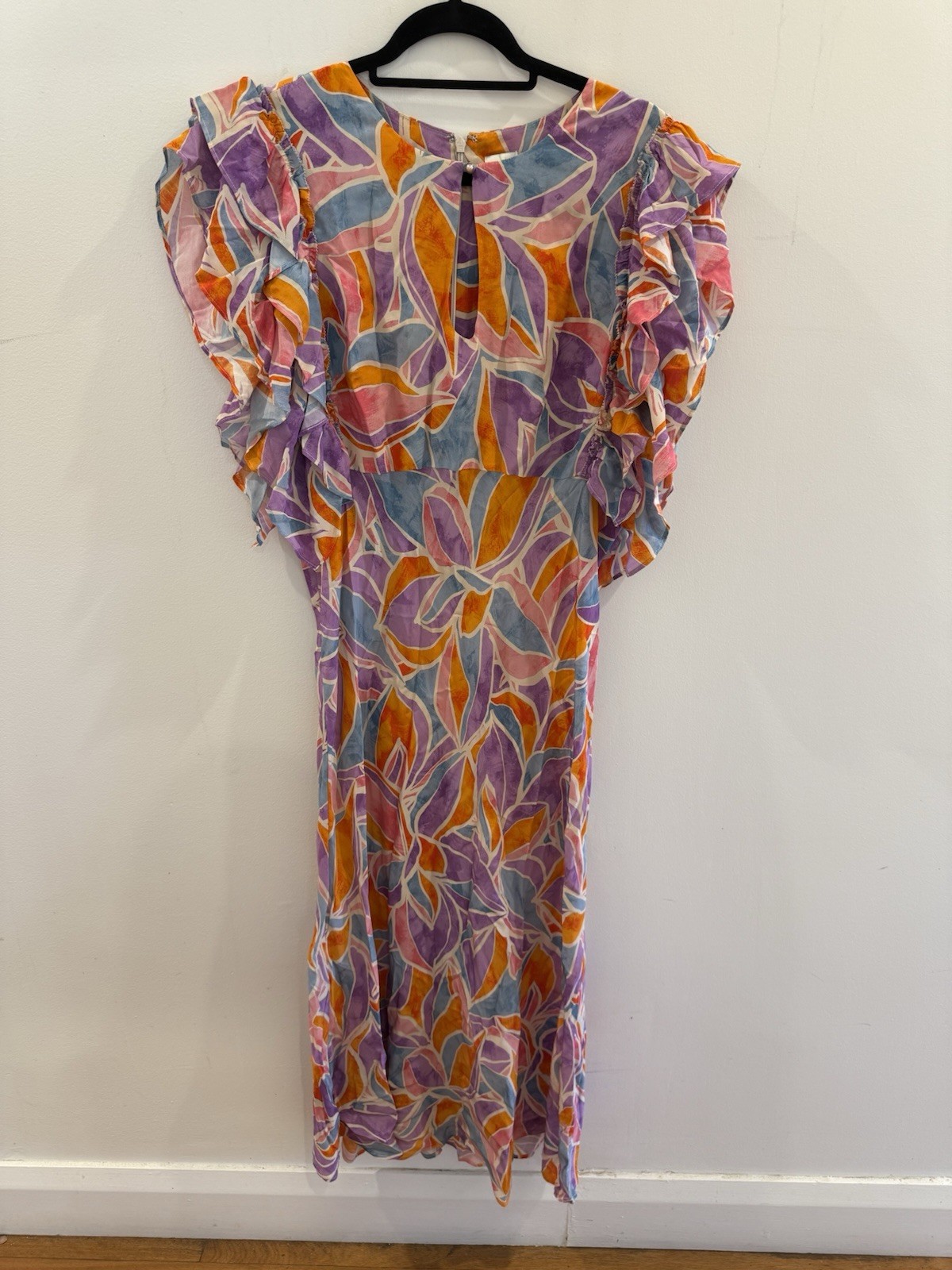 Husk Geometric Floral Midi Dress With Keyhole Neckline flutter sleeves Size 16