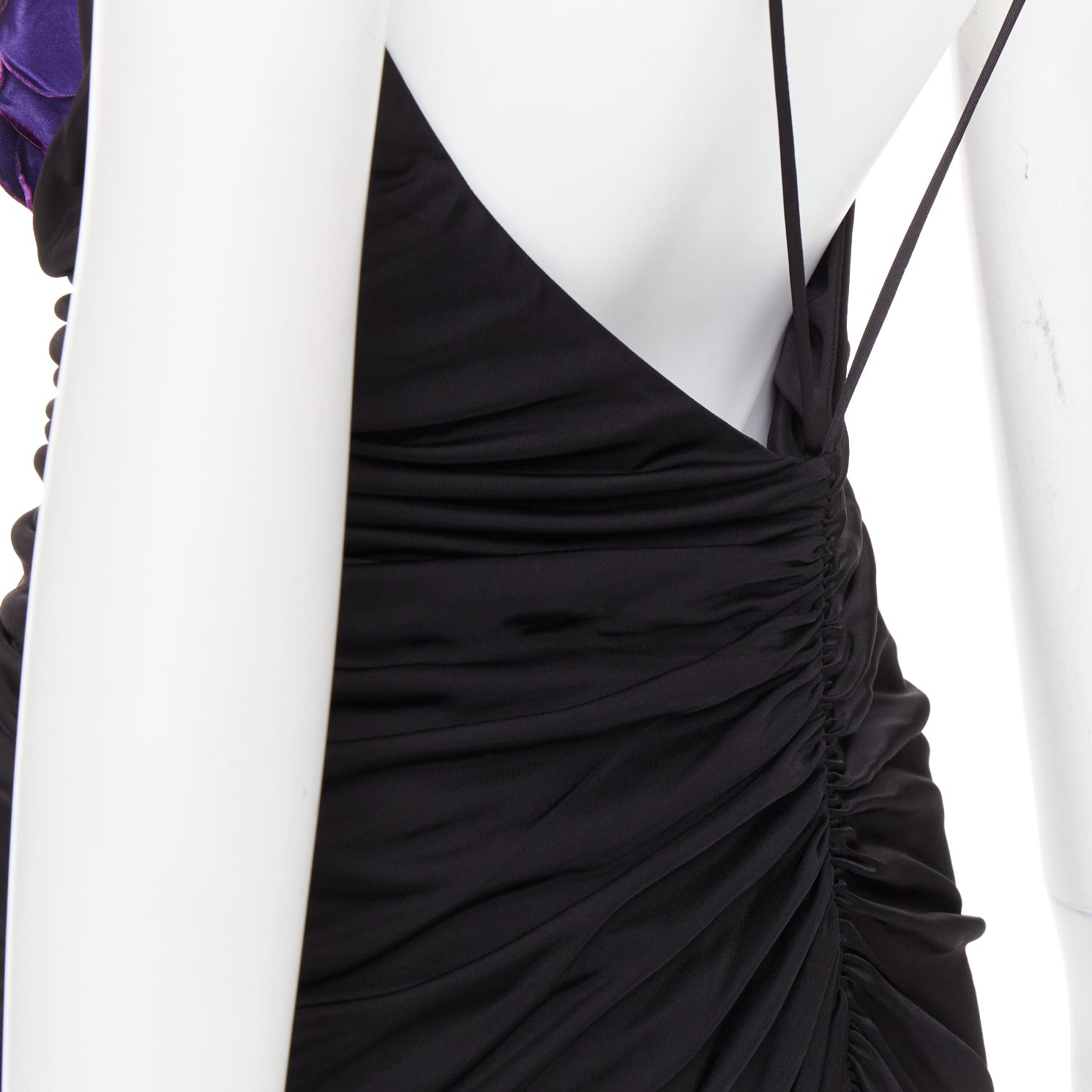 rare SAINT LAURENT 2022 Runway purple Wild Rose applique ruched plunge gown XS