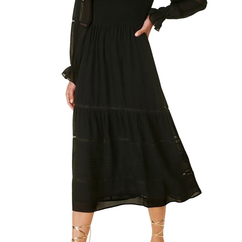 REFORMATION Smocked Square Neck Midi Dress Size 8 Lace Tiered Boho Whimsigoth