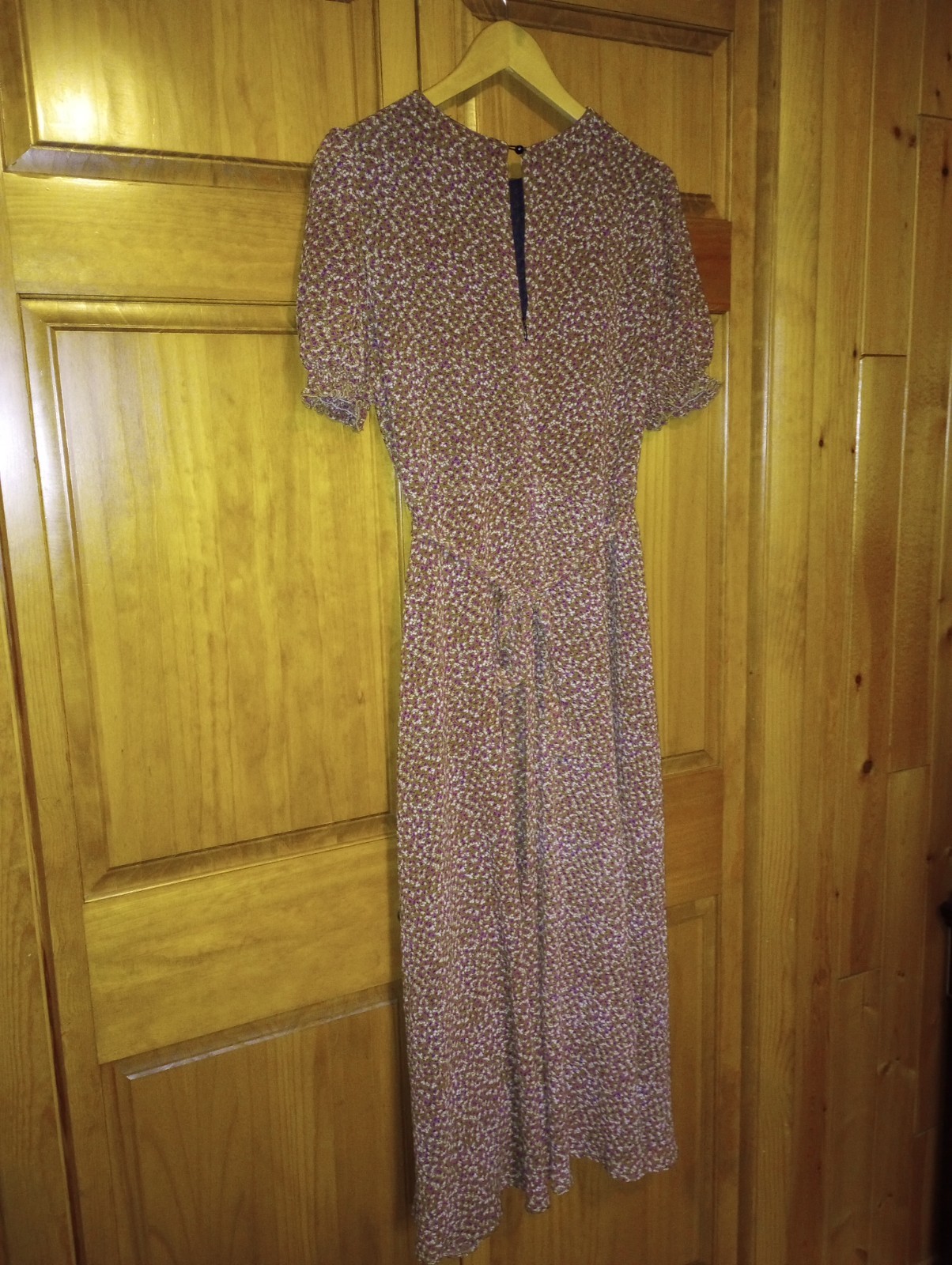 Calico Prairie Dress Brown Sz Large Boho Midi puff sleeve lined belt zip keyhole