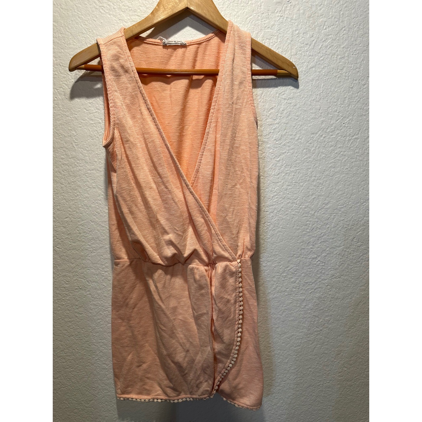 Lulu Sage The Label Peach Ribbed Sleeveless Wrap Dress Pom Pom Trim XS