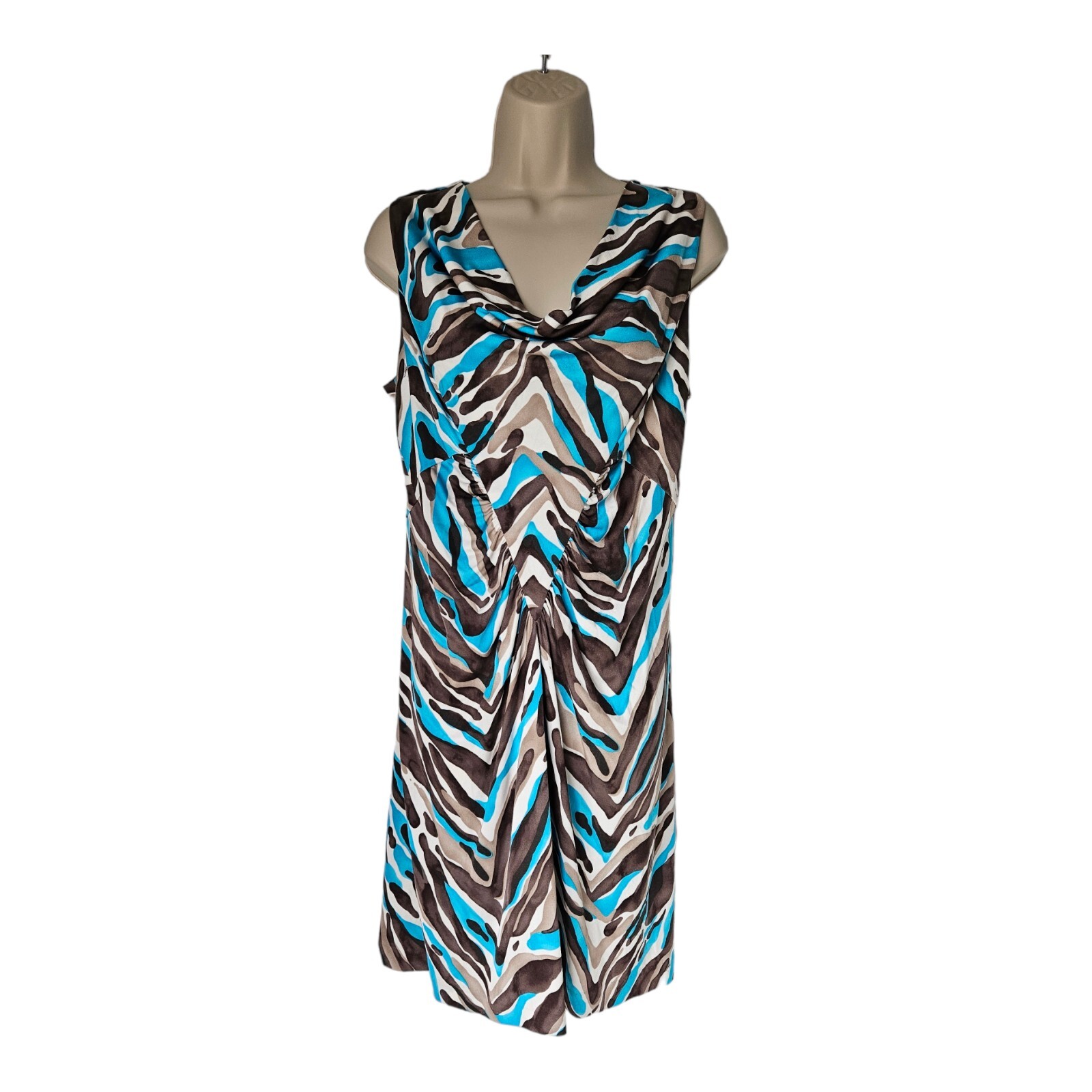 Trina Turk Blue Brown White Abstract Printed Silk Sleeveless Dress Size 10 USA