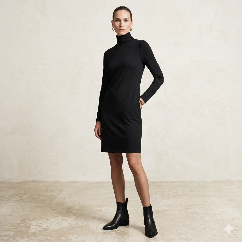 Banana Republic Black Wool Blend Turtleneck Sweater Dress Button Cuff Womens M