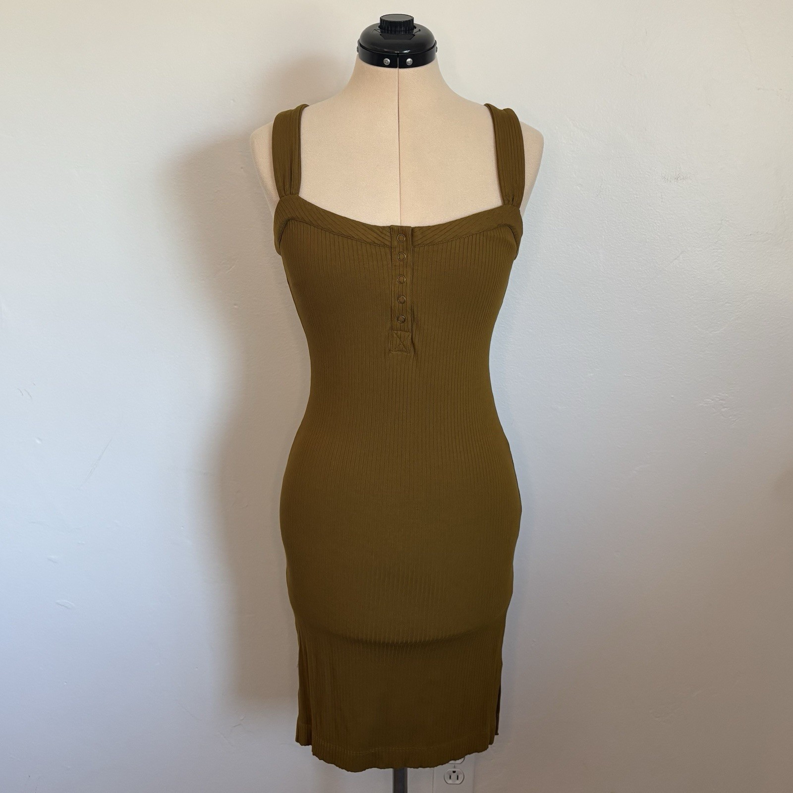 L*Space Louise Ribbed Knee Length Dress, Olive Moss Green, Thick Tank Straps, S