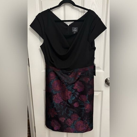 NEW Adrianna Papell | Knit Crepe & Jacquard Black Multicolor Dress Sz 16