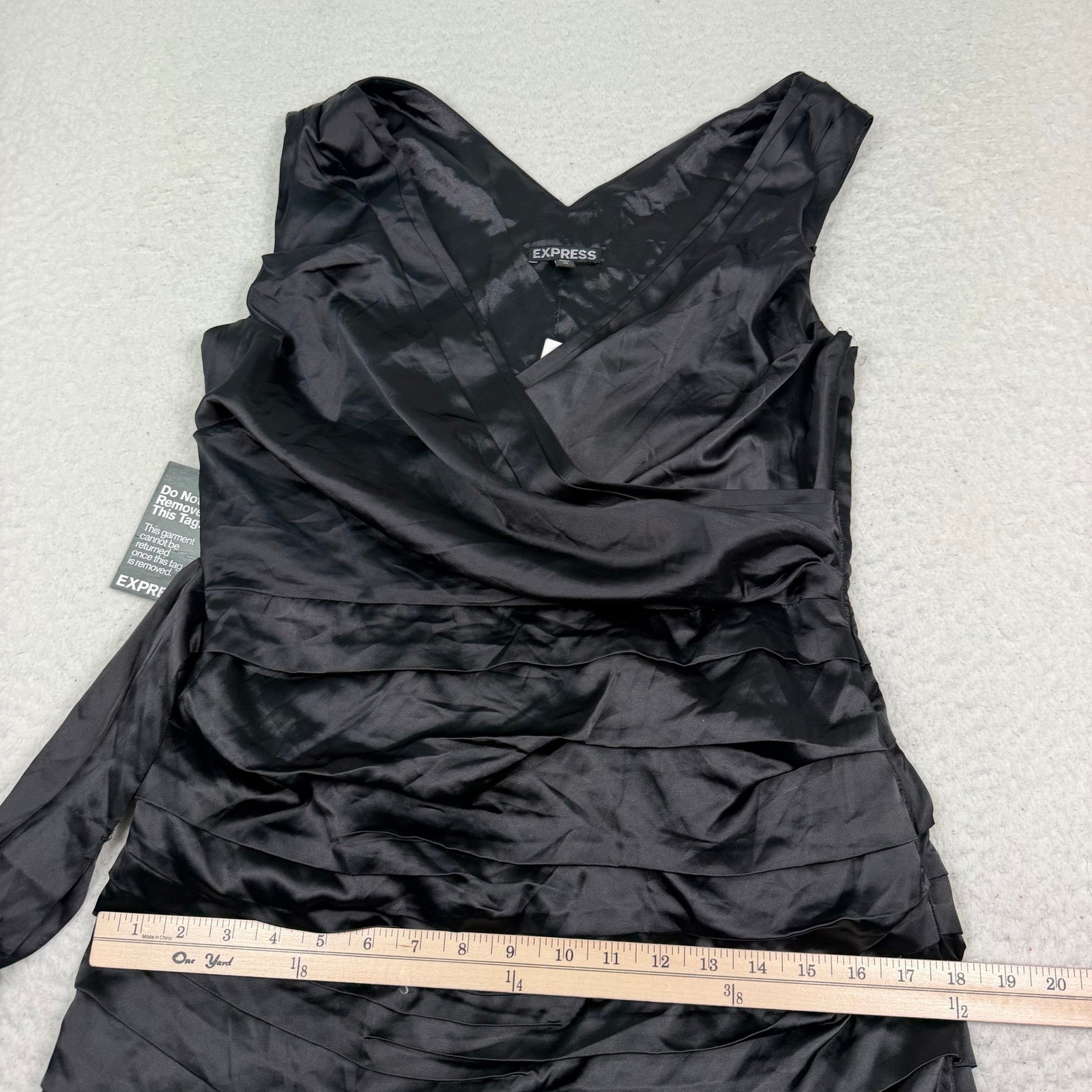 NWD Express Ruched Mini Dress Sz 10 Black Satin Faux Wrap V-Neck Party Cocktail