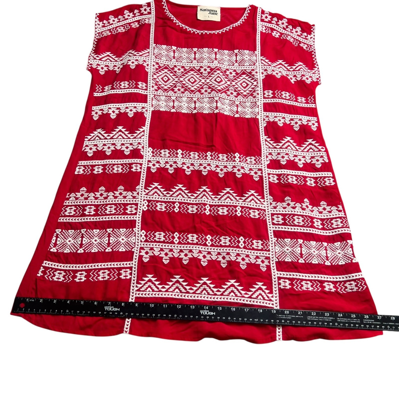 Savanna Jane Red Embroidered Boho Shift Dress Women Large Geometric Cap Sleeve