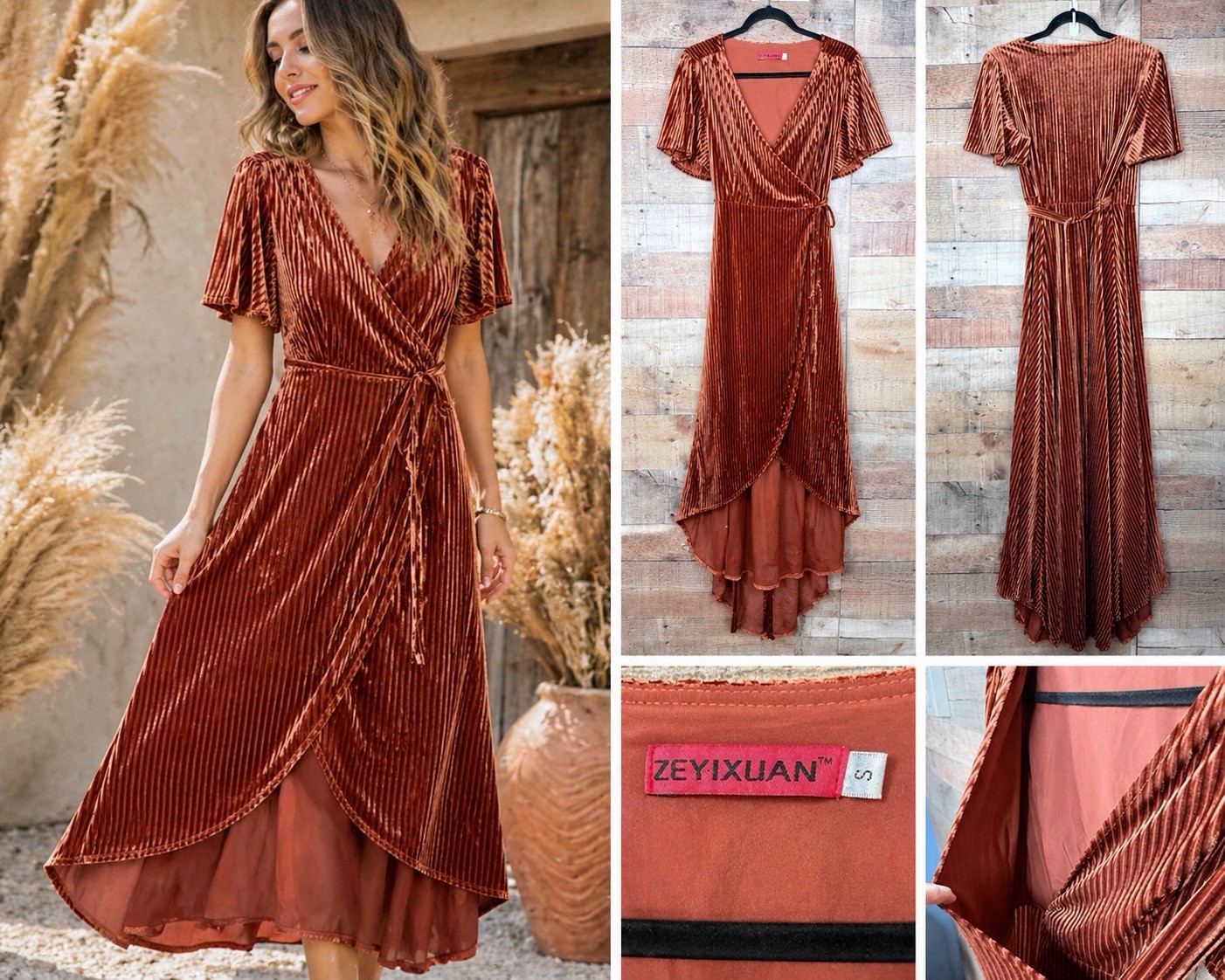 Zeyixuan Wrap Maxi Dress Womens Small Rust Copper Excellent Pleated Velvet Boho