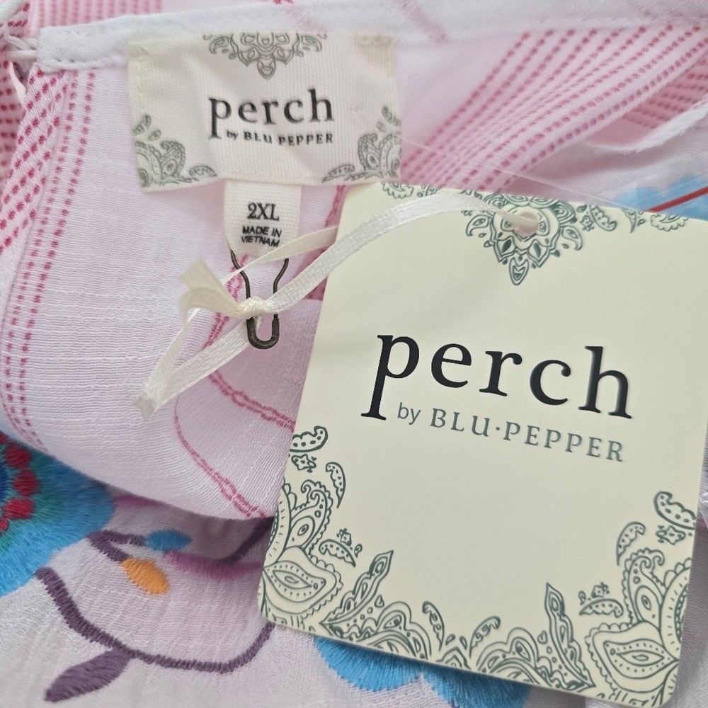 Perch By Blu Pepper White Pink Striped Embroidered Babydoll Dress Plus Size 2XL
