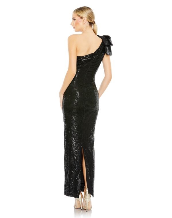Mac Duggal Ieena Black Sequin One Shoulder Bow Formal Gown Dress Women’s 10 NWOT