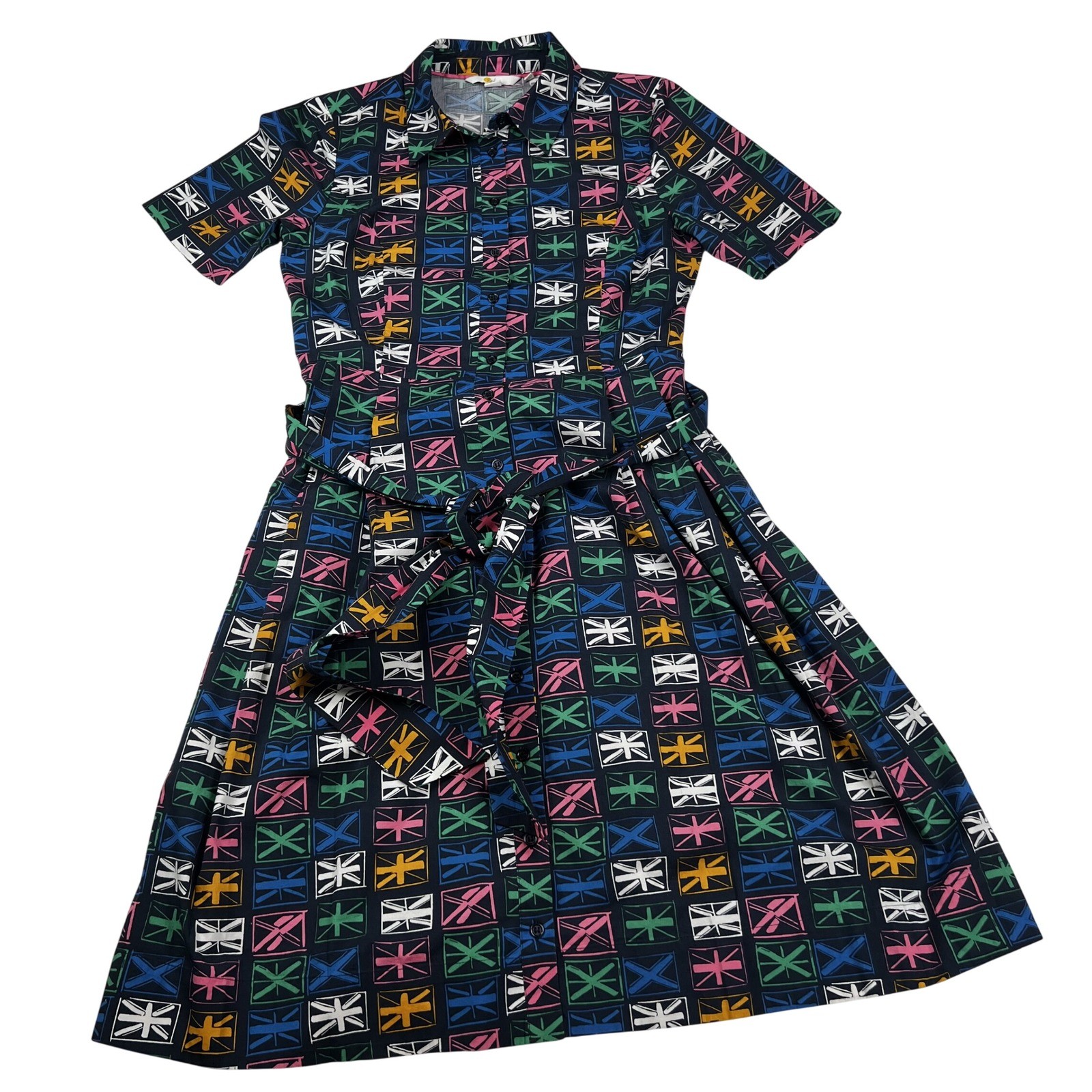 Boden Womens Union Jack Flag Shirt Dress Navy Blue Multi Color Belted US 6R