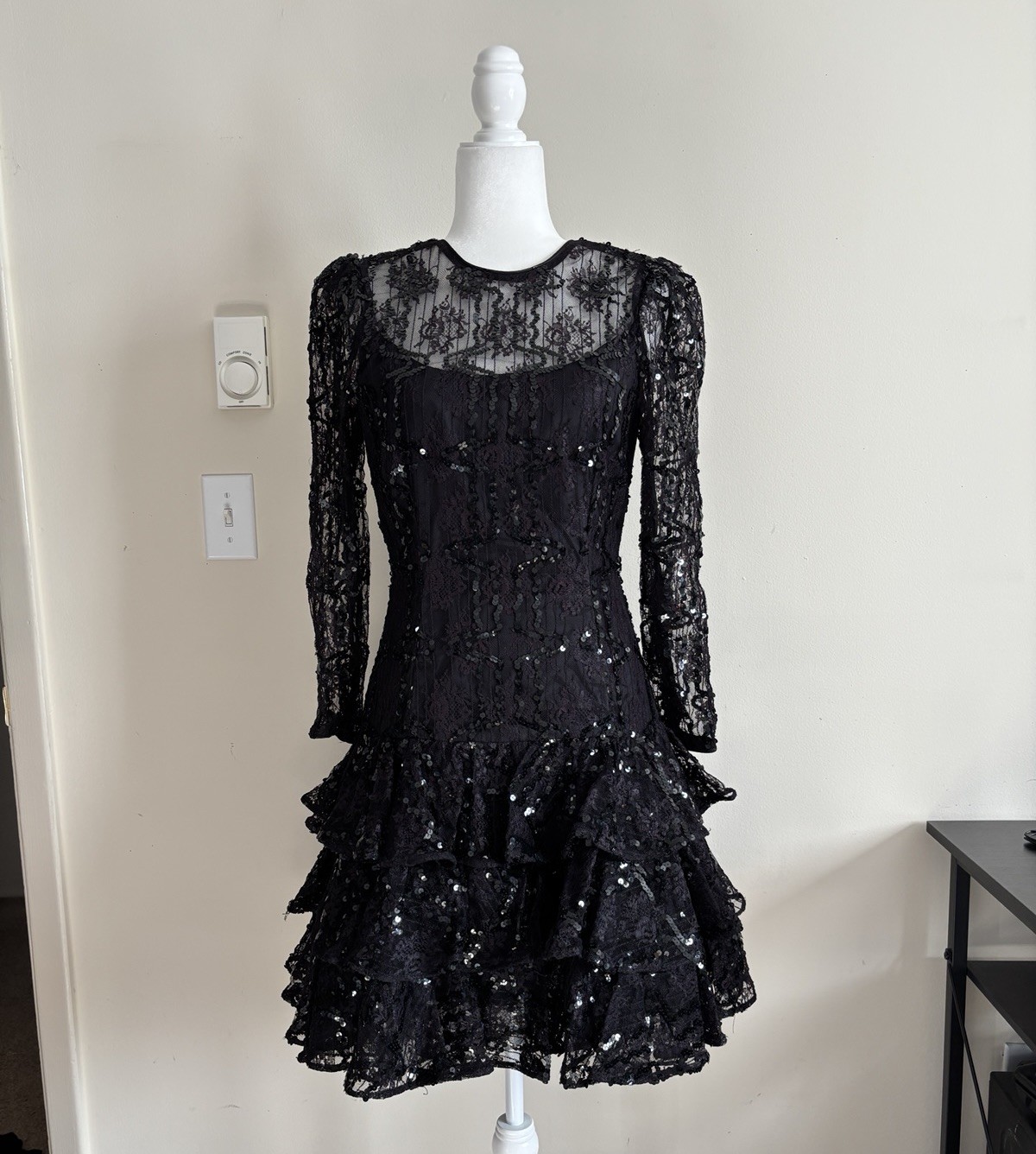 Vintage 80s Julie Duroche After Five Black Dress Sequin Lace Dramatic Goth