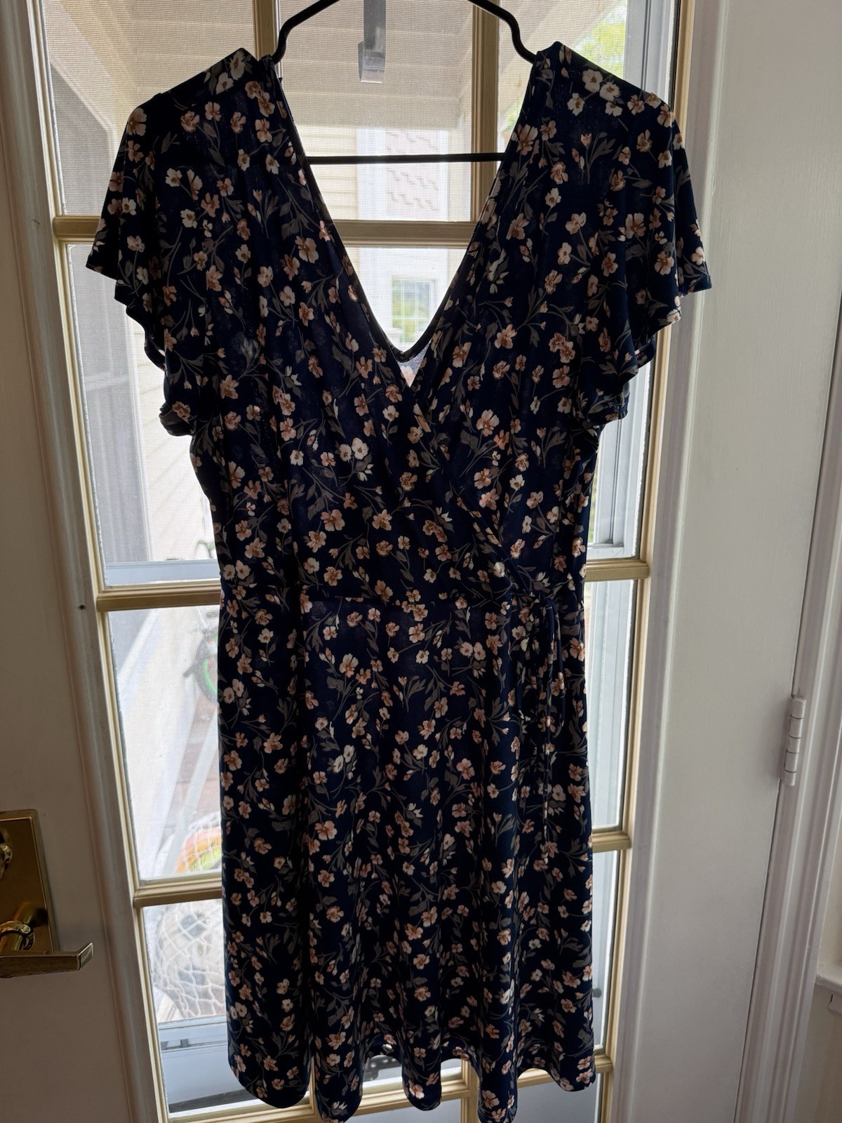 Karlie Women’s Blue Floral V-Neck Short Sleeve Fit & Flare Knee Dress L