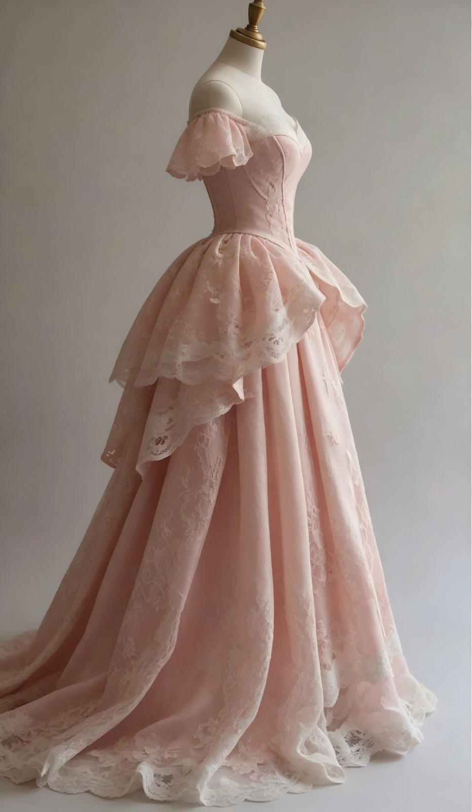 Off Shoulder Pink Lace Corset Ruffle Train Rococo Victorian Vintage Ball Gown