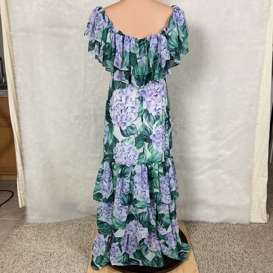 Alexia Admor Hydrangea Purple Green White Floral Ruffle Tiered Maxi Dress NWT 10