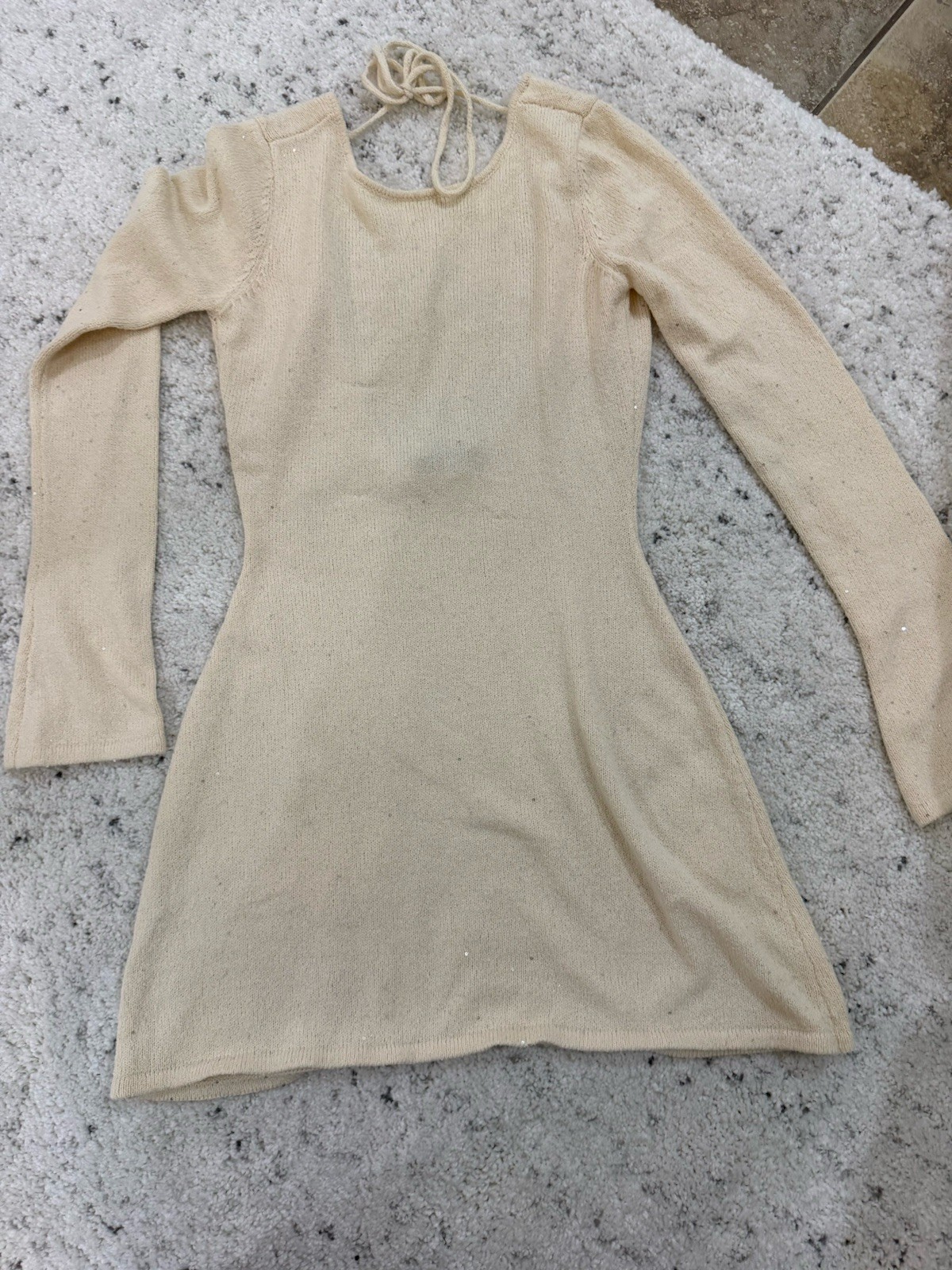 WEWOREWHAT Beige Sequin Knit Open Back Long Sleeve Mini Dress Women’s Size M