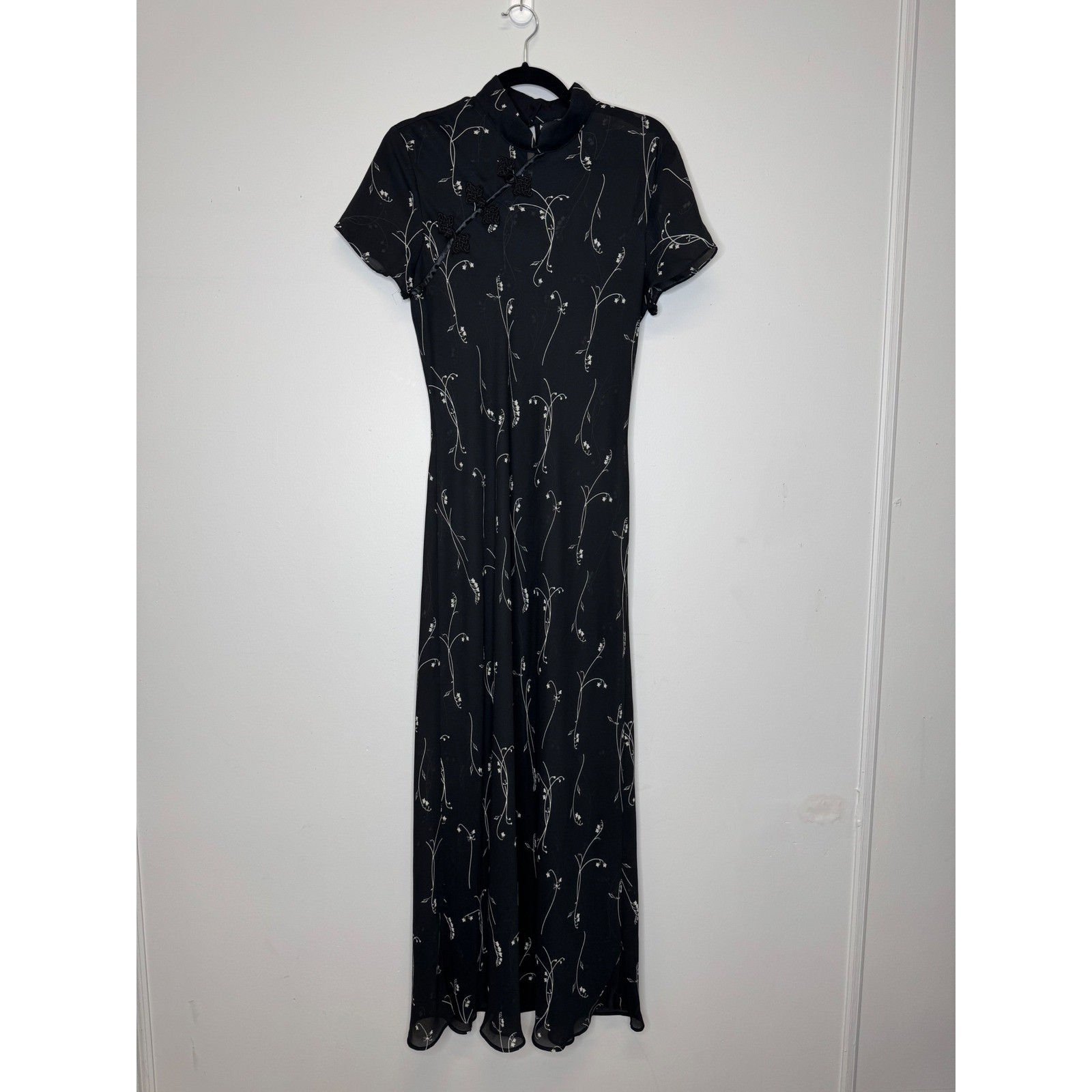 Vintage Black Floral Cheongsam Qipao Maxi Dress Lily of the Valley S/M