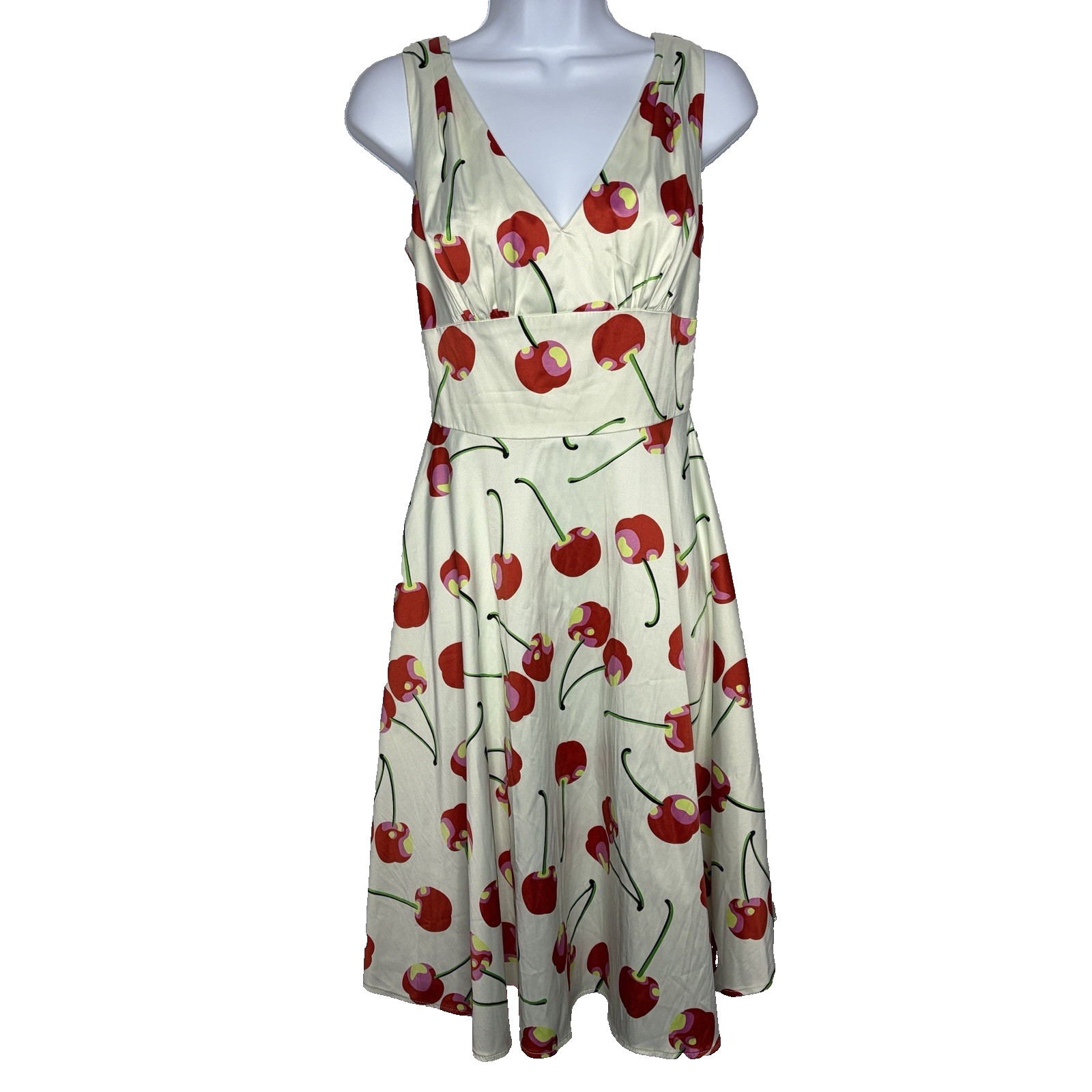 Vintage Tatyana Bouquet Cherry Swing Dress Size S Ivory Satin Pinup Retro 50s