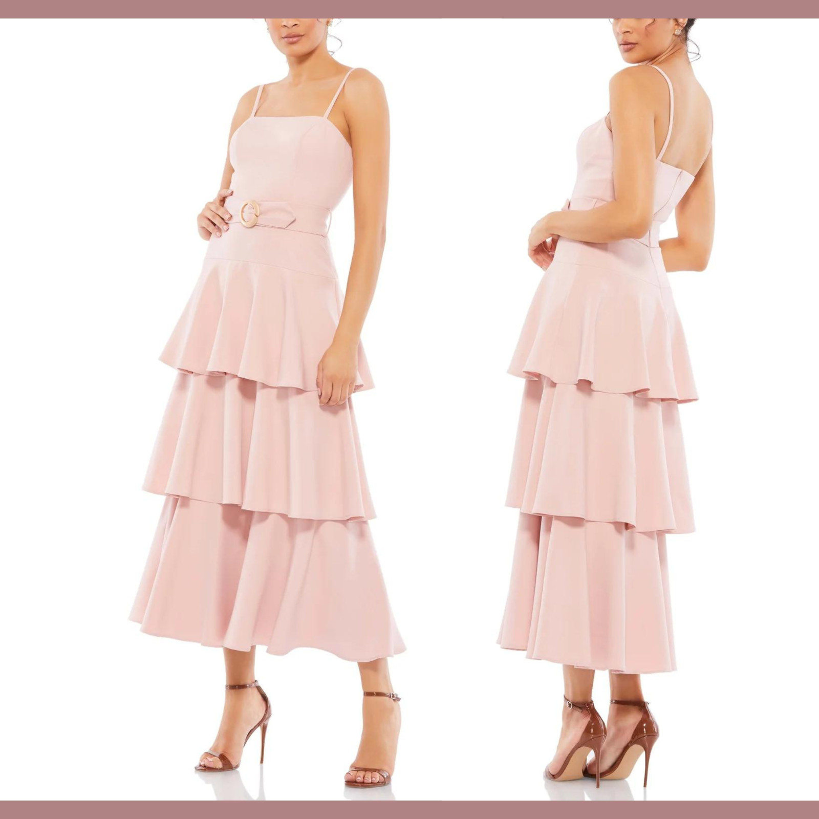 NWD IEENA Mac Duggal [ 8 ] Belted Tiered Ruffle Sleeveless Midi Dress Rose #Q692