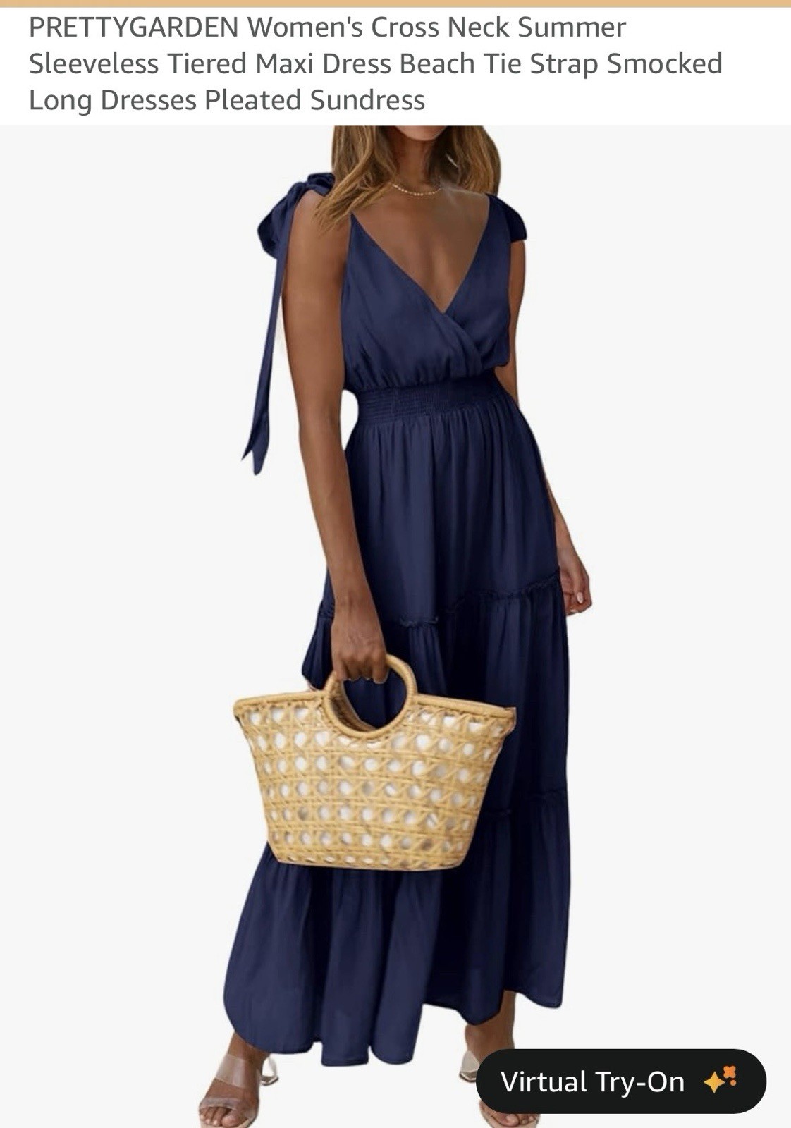 PRETTYGARDEN Solid Blue Smocked V-Neck Tie Strap Maxi Dress, Size M