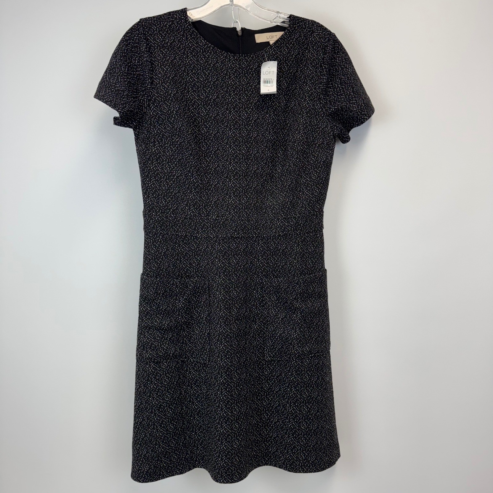 Loft Women Black White Textured Short Sleeve Sheath Pocket Dress 4 NWT 479312