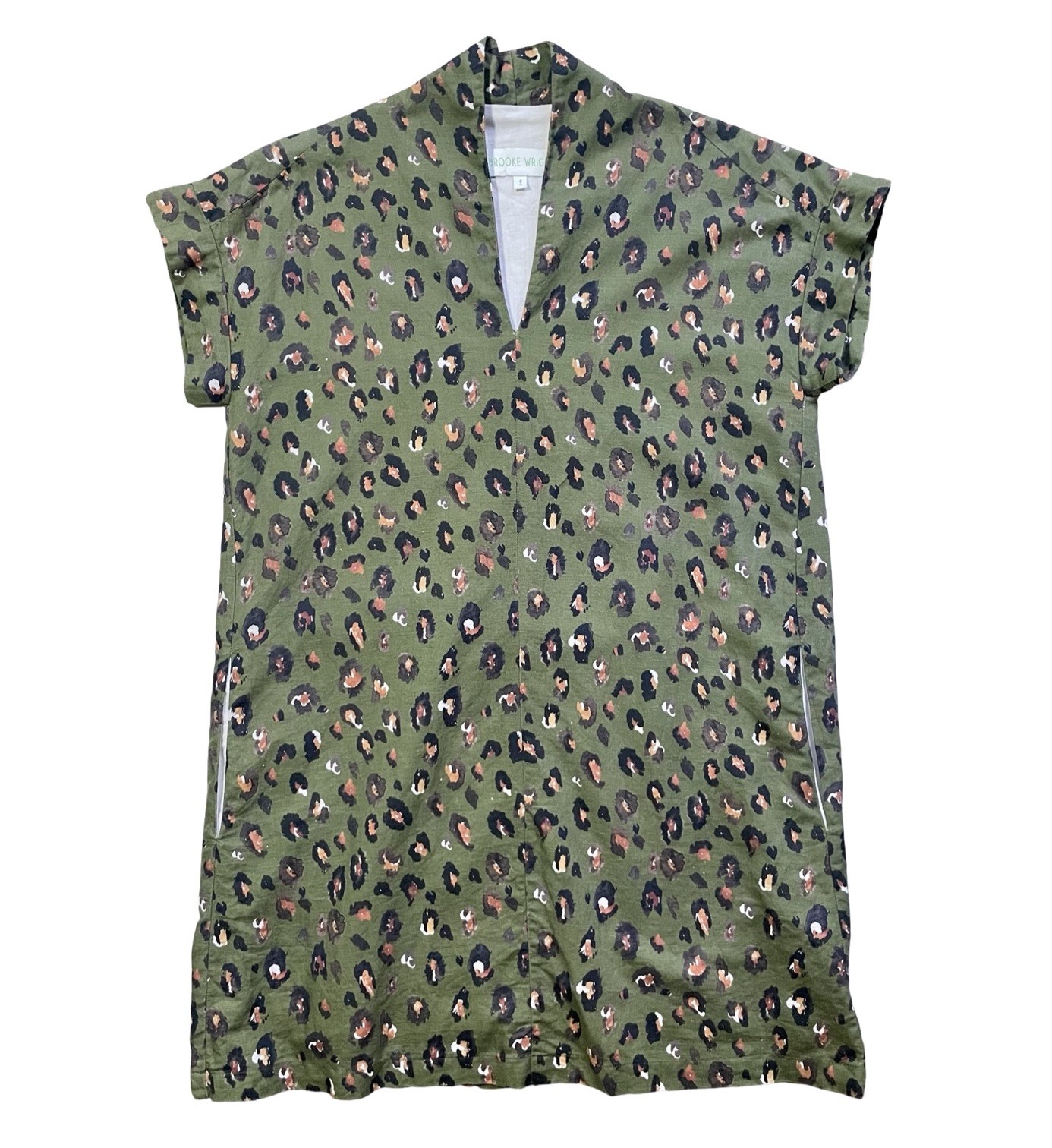 Brooke Wright Nancy Linen Leopard Print Dress Olive Green Women’s Small Pockets