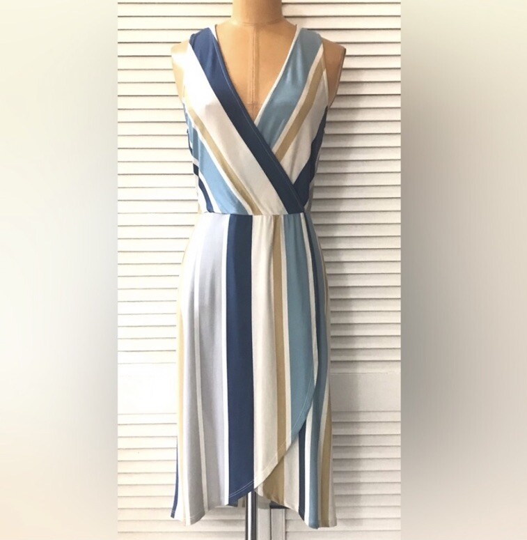 MTS Dress Womens Small Blue Tan Ivory Striped Sleeveless V-neck Office Party
