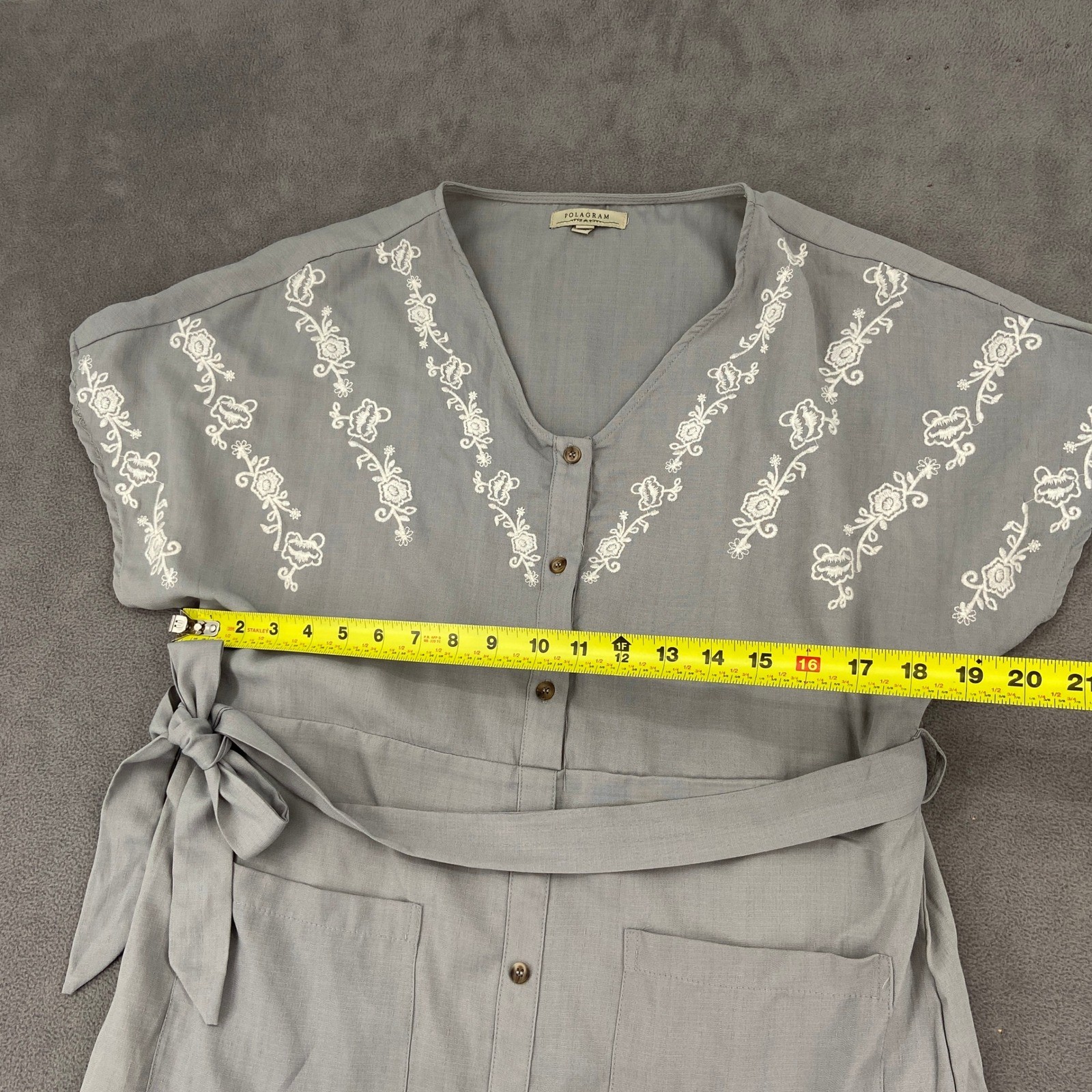 Polagram Grey Embroidered Button Front Midi Dress Womens Small Short Sleeve Tie