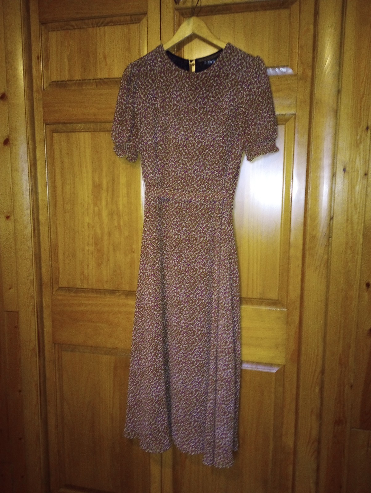 Calico Prairie Dress Brown Sz Large Boho Midi puff sleeve lined belt zip keyhole
