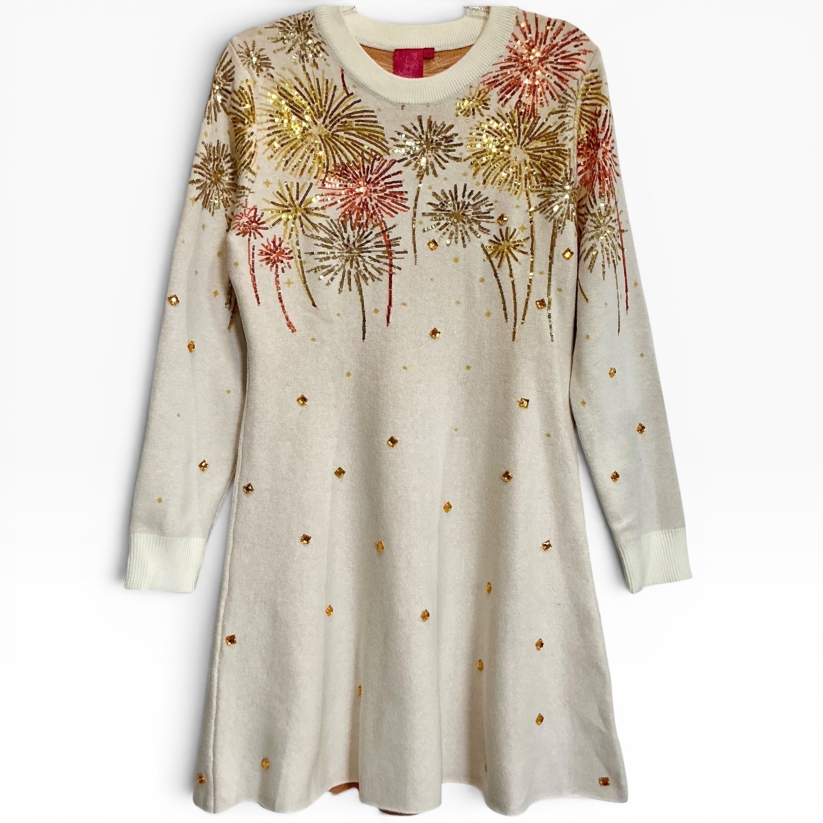 QUEEN OF SPARKLES Cream Sequin Firework Jeweled Sweater Mini Dress New M Rare