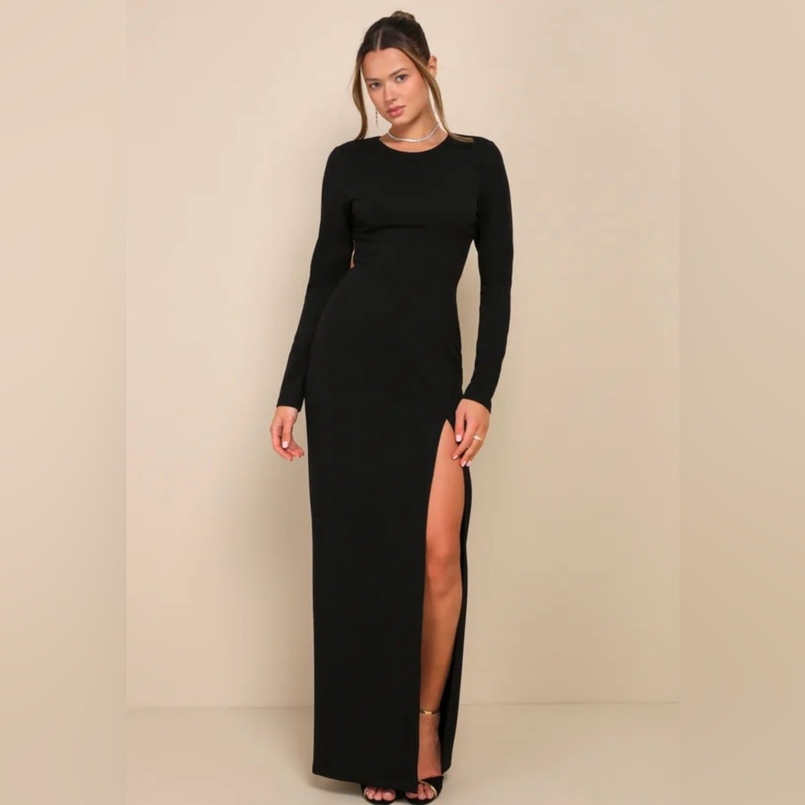 NWT Lulus Flawless Esteem black maxi dress xs open back slit formal long sleeve