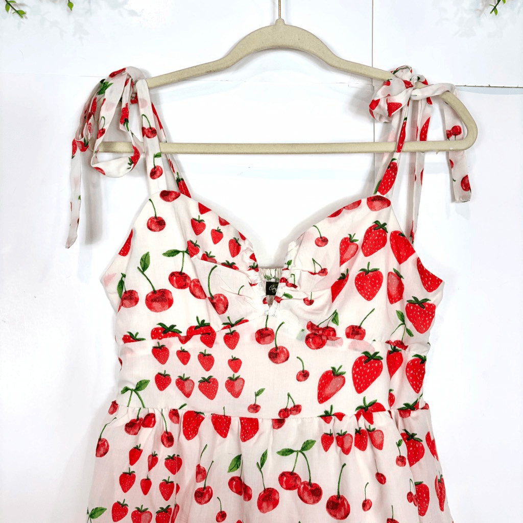 Crystal Doll Midi Dress Womens Large White Red Strawberry Cherry Print Tiered
