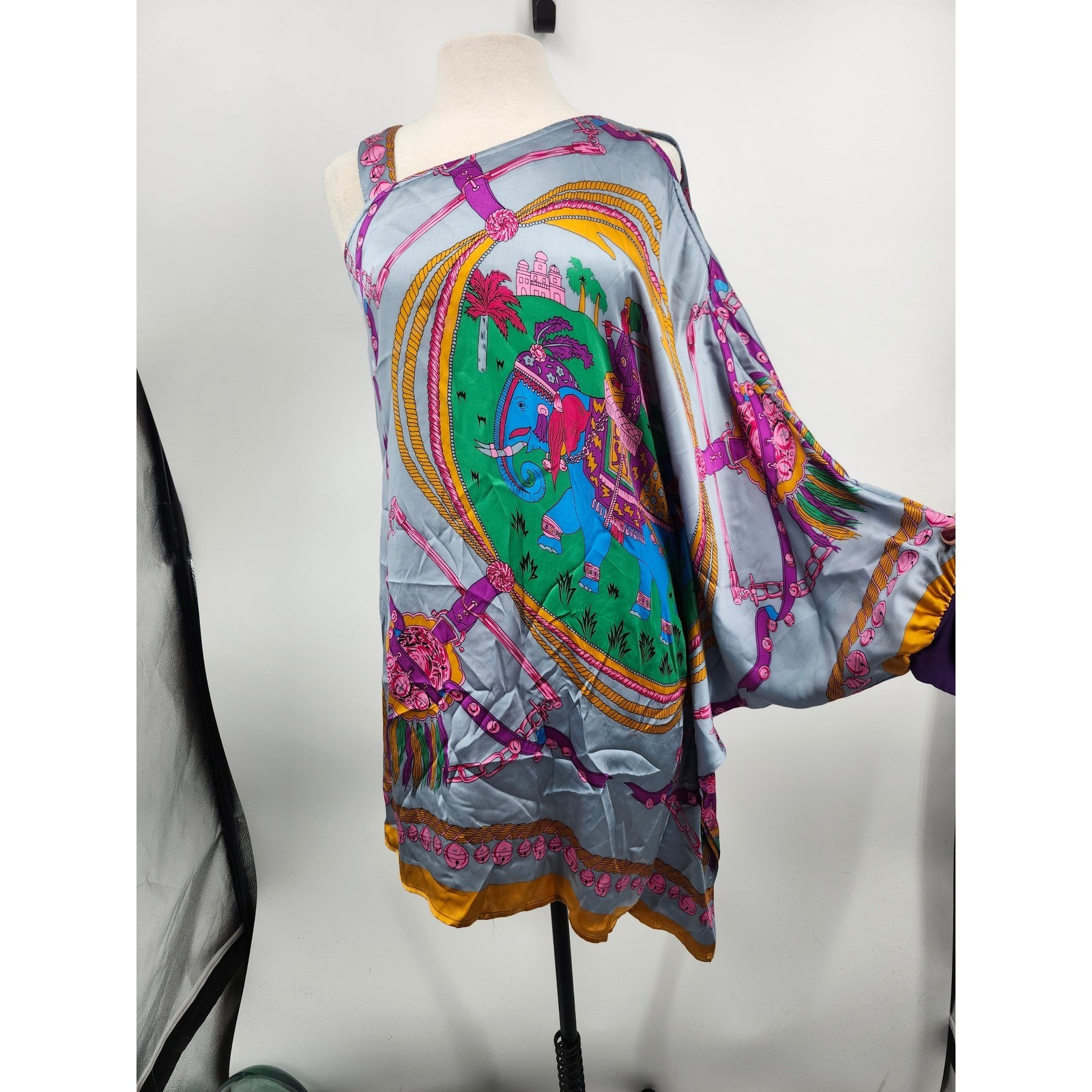 Voom Joy Han Scarf Print Dress Womens L Grey Elephant One Shoulder Asymmetric