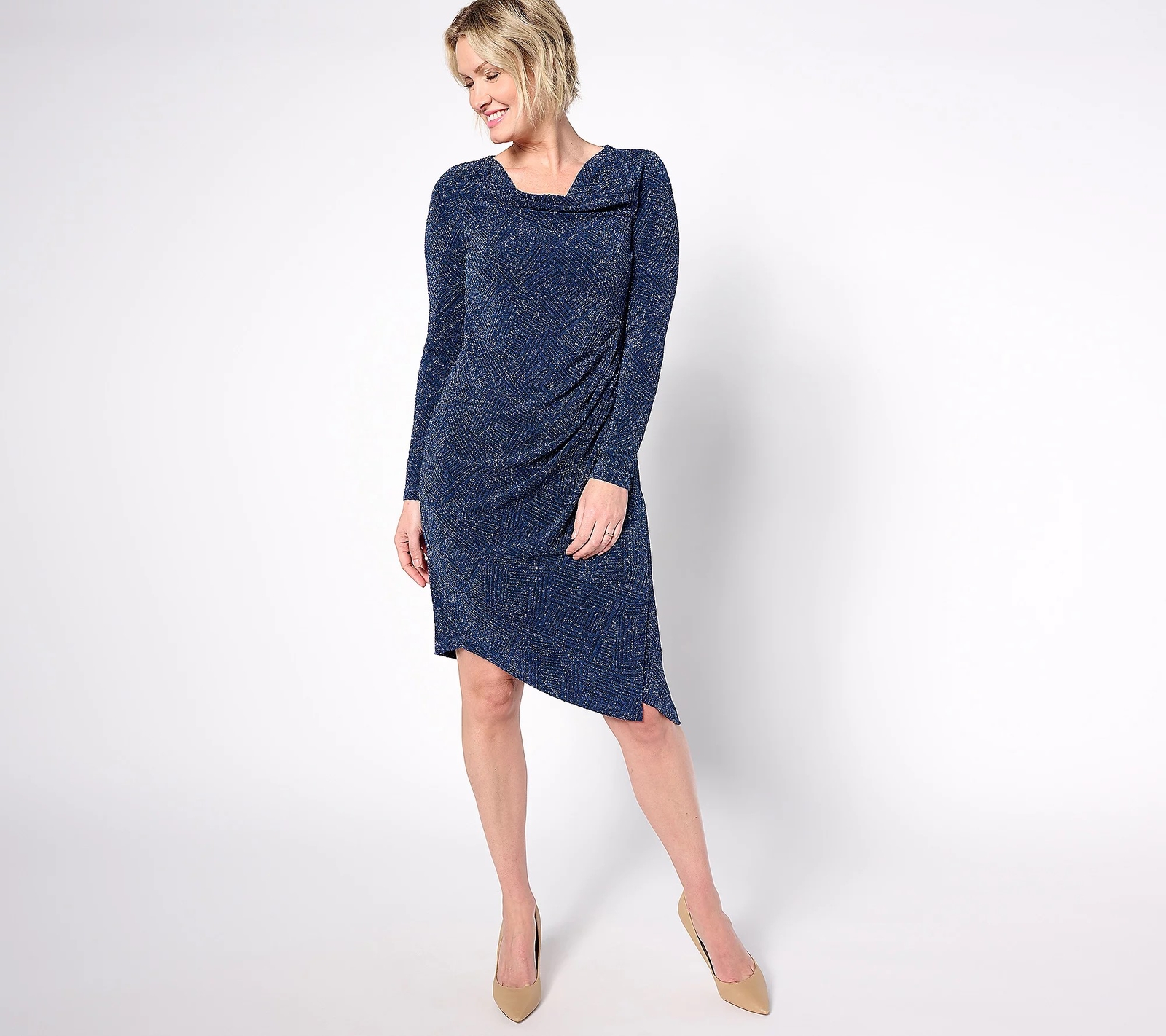 Dennis Basso Sz L Petite (LP) Lurex Knit Asymmetrical Dress RICH ROYAL A628202