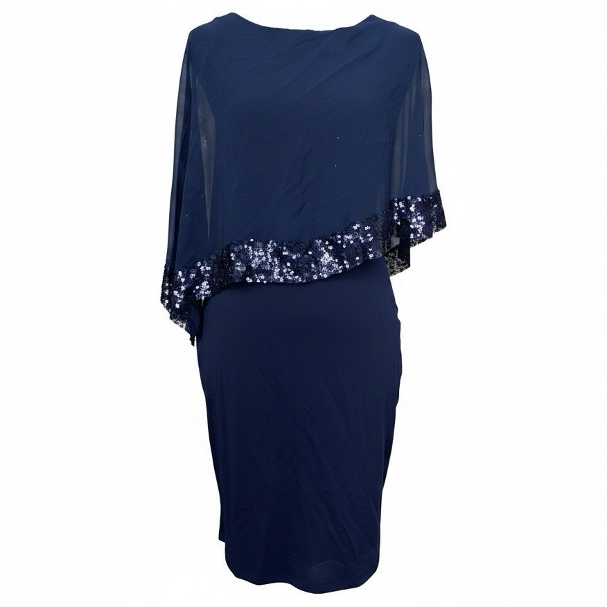 Women’s Blue Solid Chiffon Boat Neck Asymmetric Sheath Sequin Dress Size S