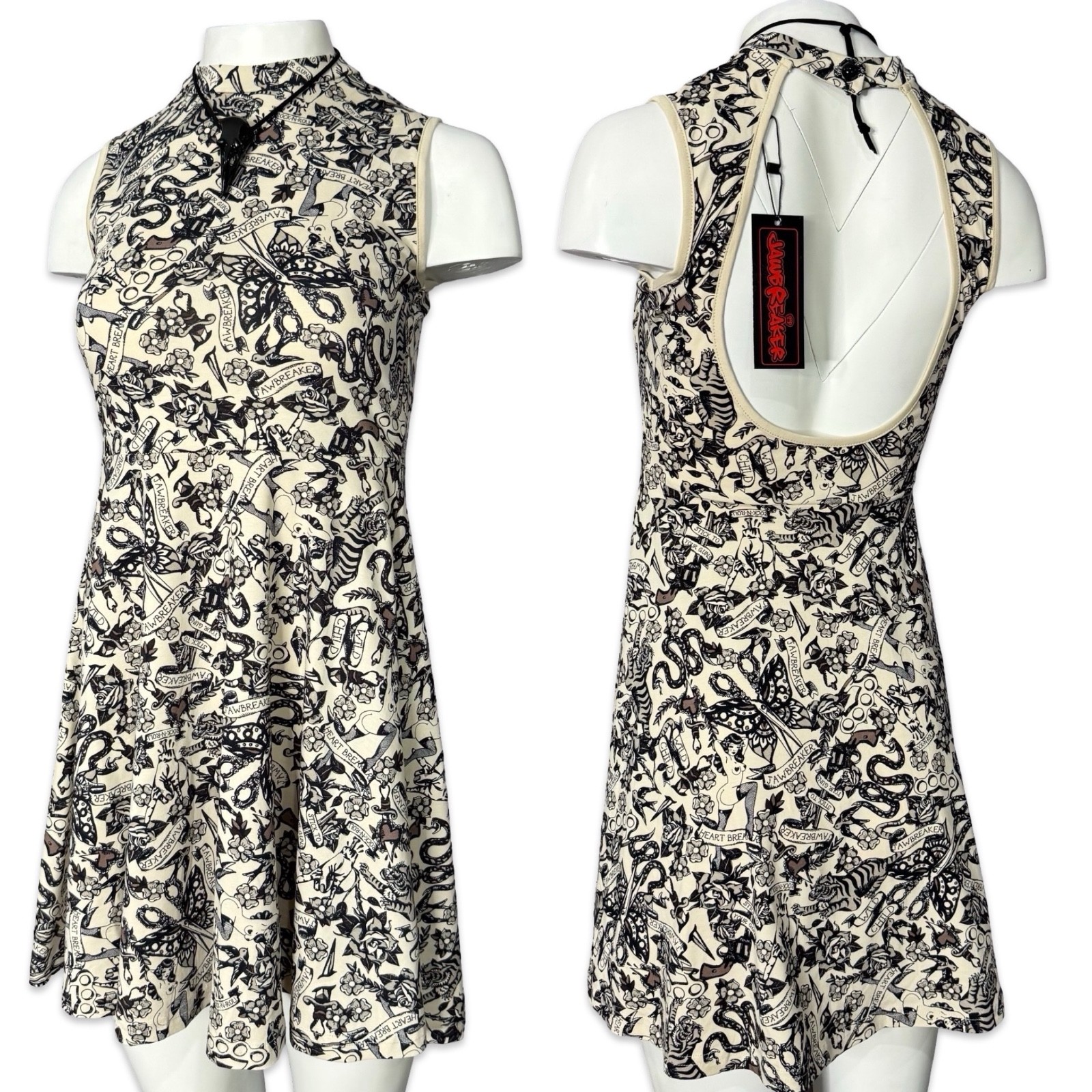 Jawbreaker GOTHIC PUNK STEAMPUNK TATTOO PRINT MINI BEIGE SKATER DRESS DRA8439