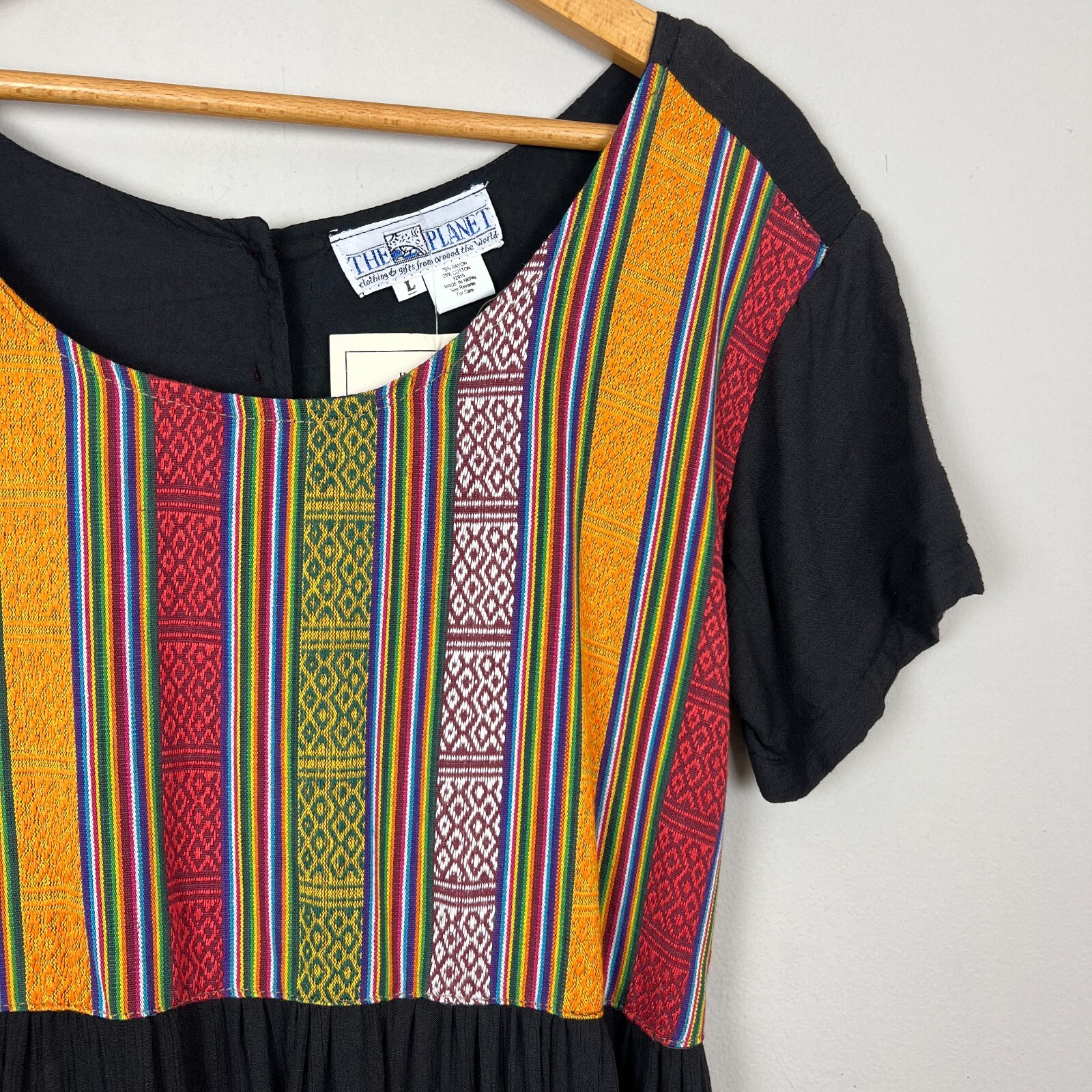 The Planet Maxi Dress Large Black Multicolor Nepal Gauze Peasant Hippie Boho New
