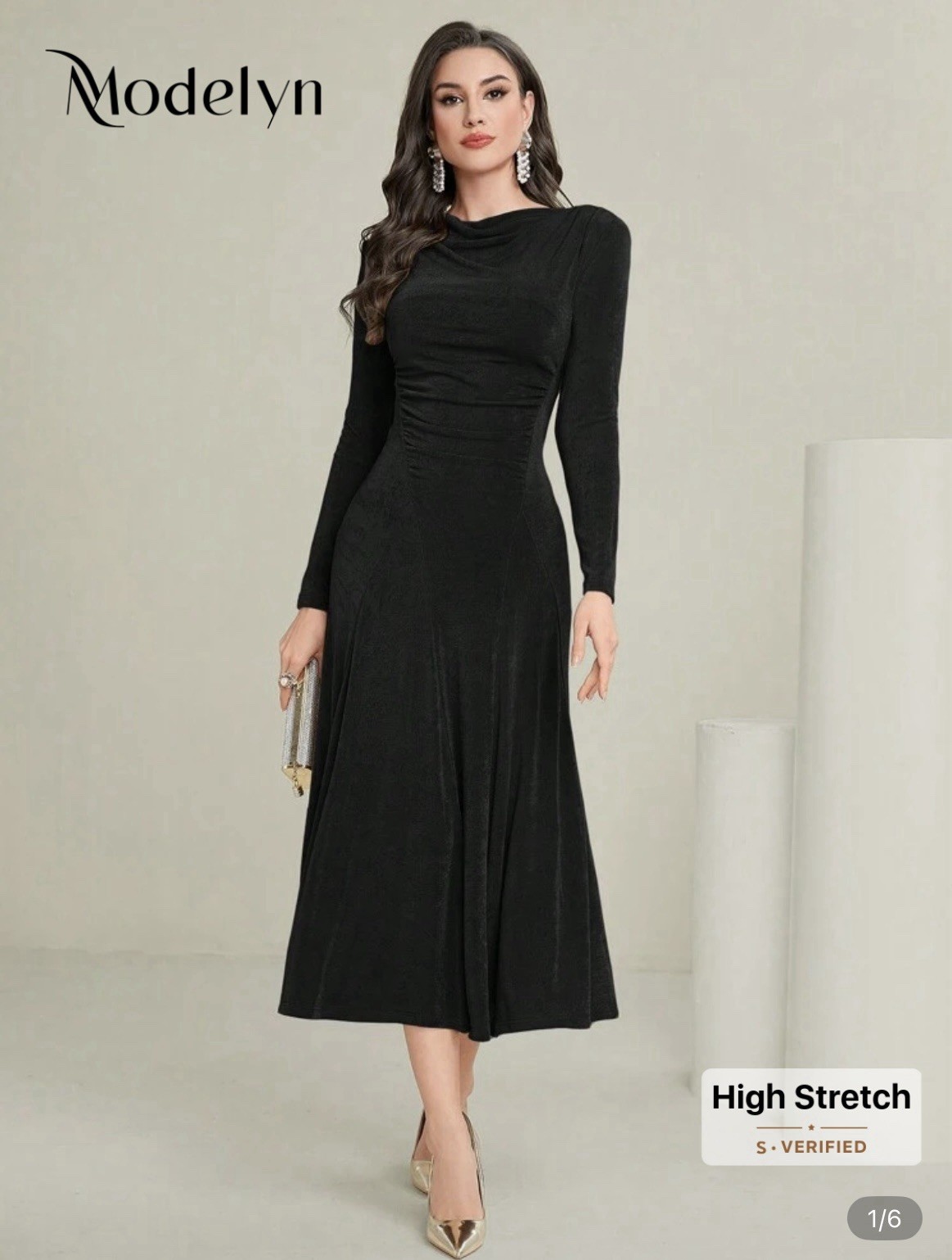 High Stretch, Elegant, Midi, Long Sleeve Black Dress Shein Sz L