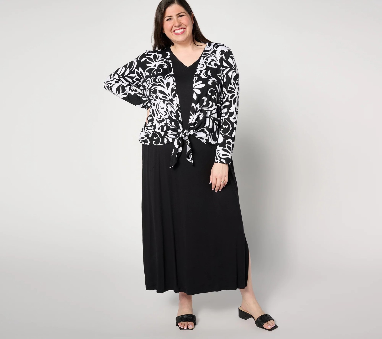 Belle by Kim Gravel Petite Better Together Dress and Shrug Set Solid Black 1X Ne