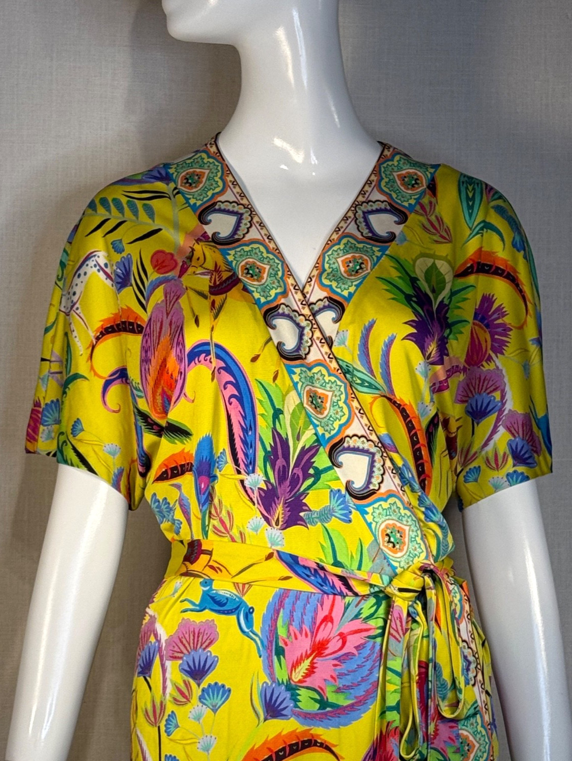 ETRO Milano SILK JERSEY Yellow Print Wrap Dress SIZE IT46 US10 , S/S 2018 NWOT