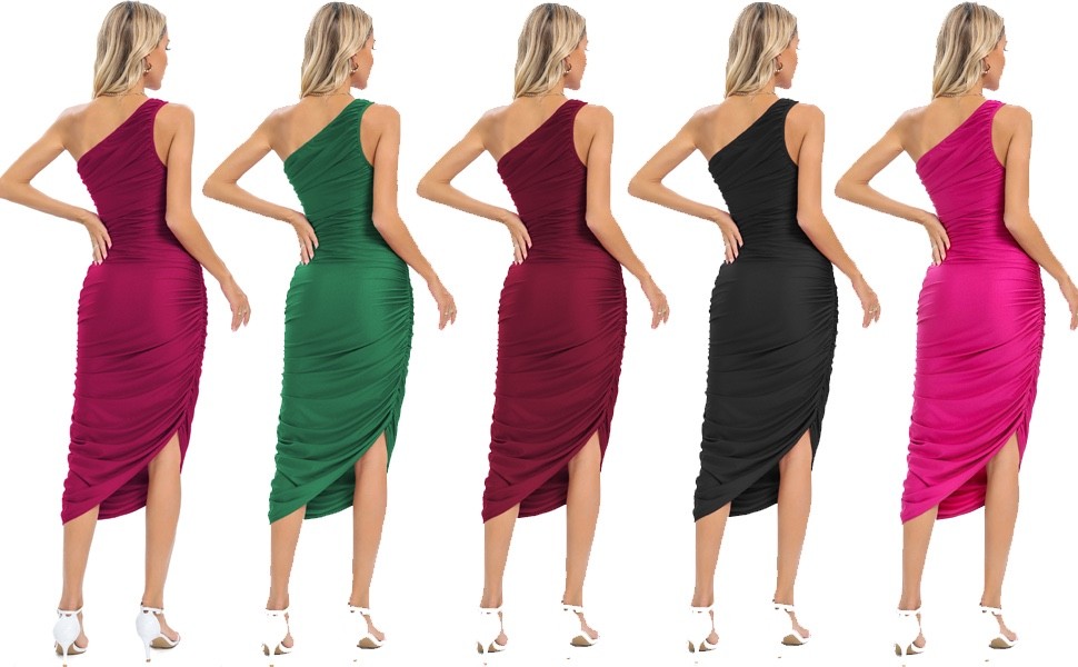 Capuffy Women’s One Shoulder Pencil Dress Ruched Bodycon Dresses MED Wine Red
