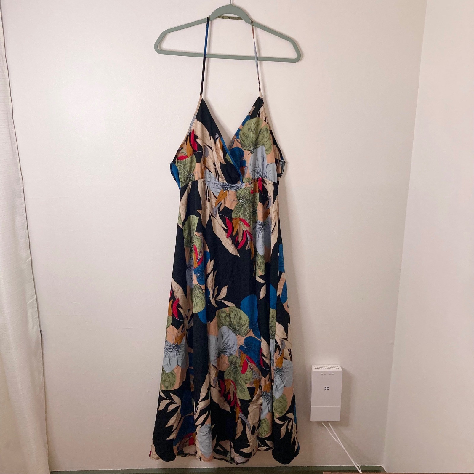 Boho Floral Tropical Halter Wrap Open Back Maxi Sundress XL Botanical Vacation
